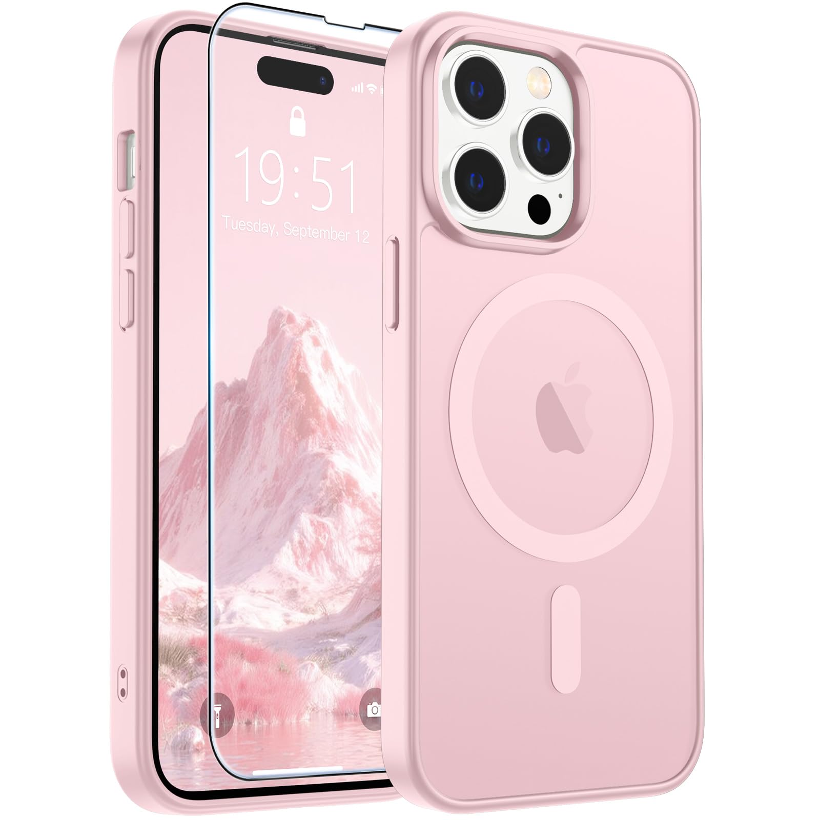 SUPFINE Magnetic for iPhone 14 Pro Case Light Pink | With Screen Protector, Translucent Matte, Compatible with MagSafe, Military Grade Drop Proof, Rugged Shockproof Protective