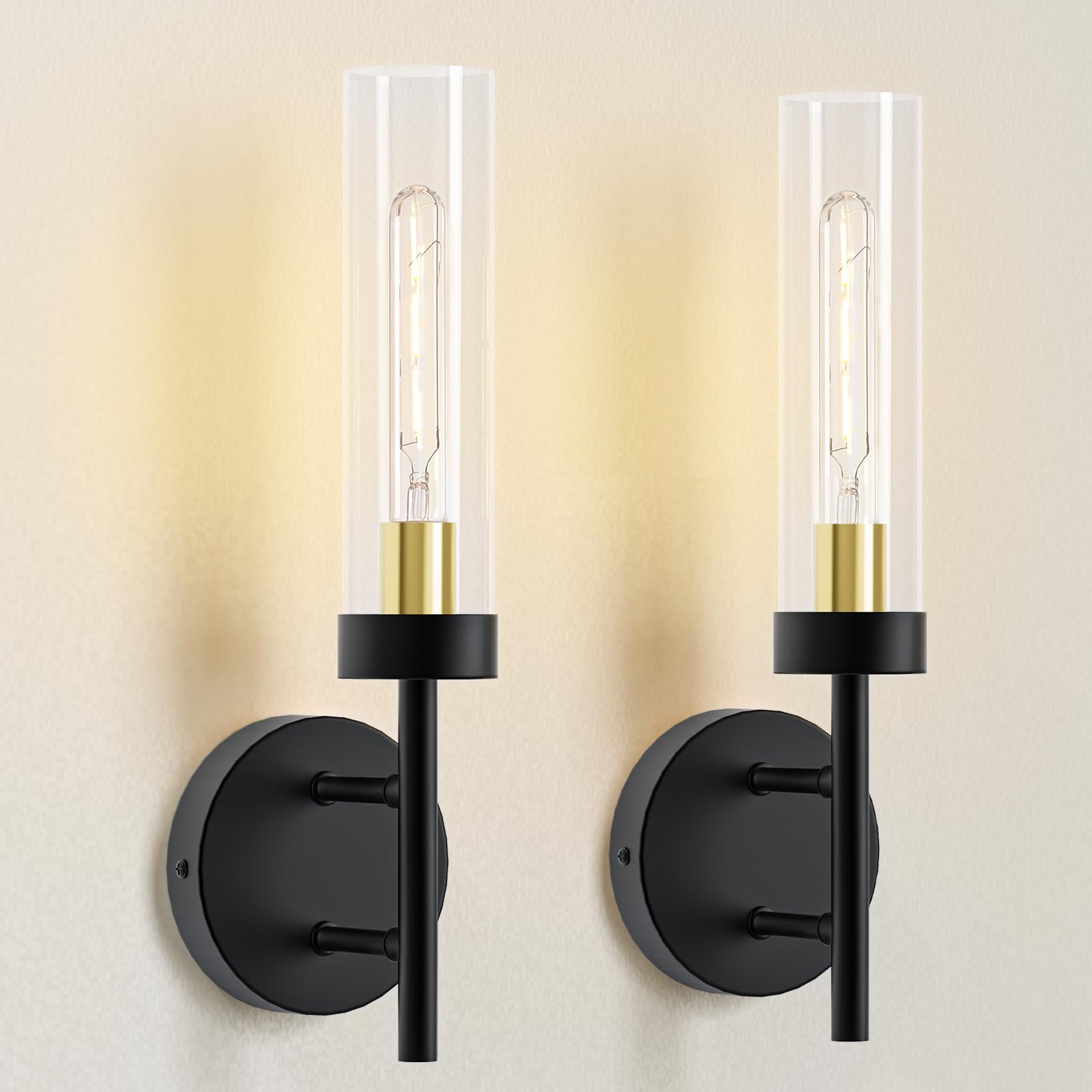 Wall Sconces Set of Two Hardwired Black and Gold Wall Sconces Set of 2 for Bathroom Mirror, Clearance - Modern Sconce Light Vanity Fixtures Wall Lighting w/Clear Glass Shade for Living Room Bedroom