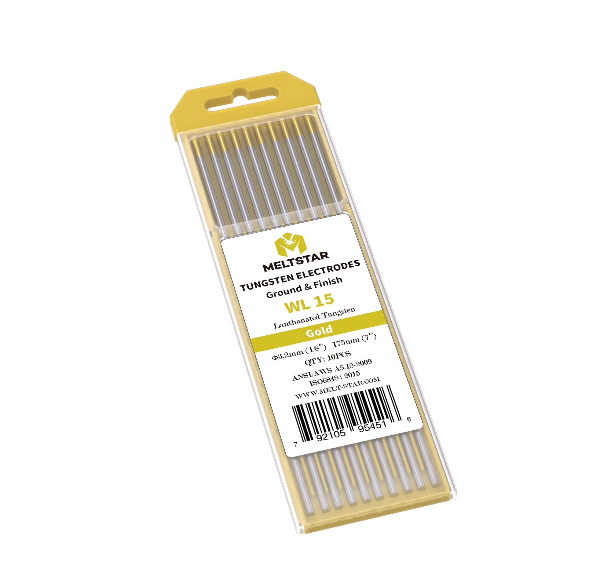 TIG Welding Tungsten Electrodes 1.5% Lanthanated Tungsten 1/8” x 7” (Gold, WL15) 10-Pack