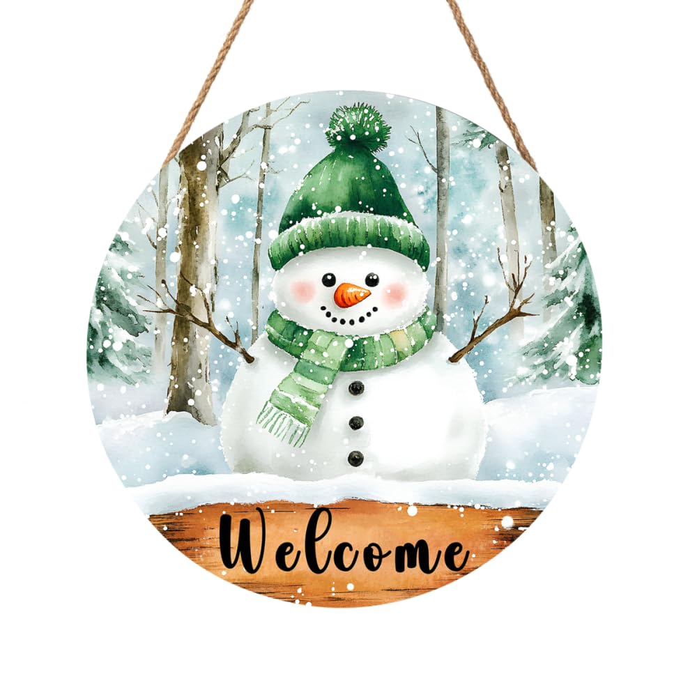 Winter Welcome Sign Round 12 Inches Snowman Door Hanger Wall Plaque For Home, Snowman Door Decorations Winter Door Sign Christmas Welcome Wooden