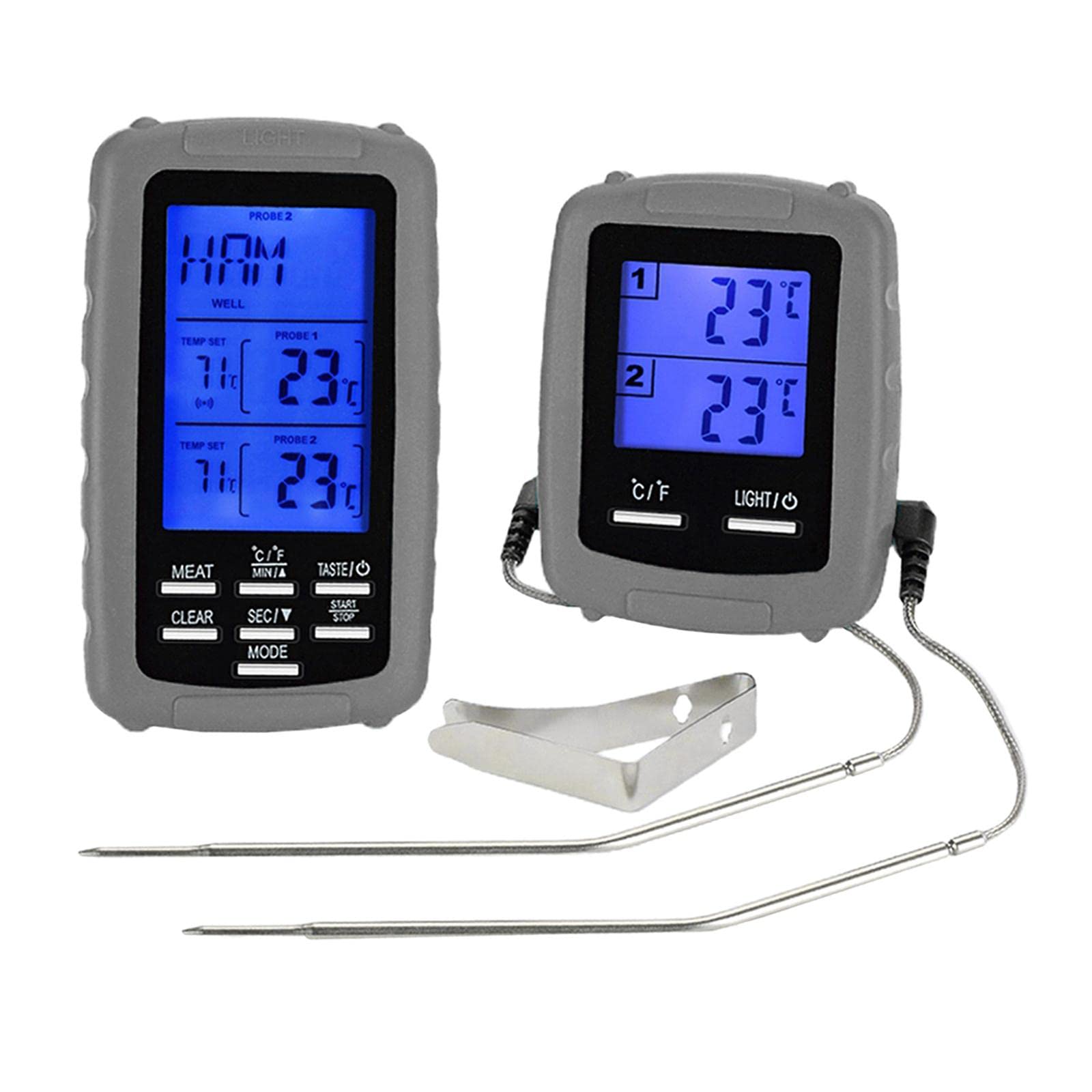 BBQ Thermometer mit Drahtloser Fernbedienung Und Edelstahl Sensoren Zur Überwachung von Grill Und Fleisch Wasserfest Alarm bei Überhitzung Fü, Grau