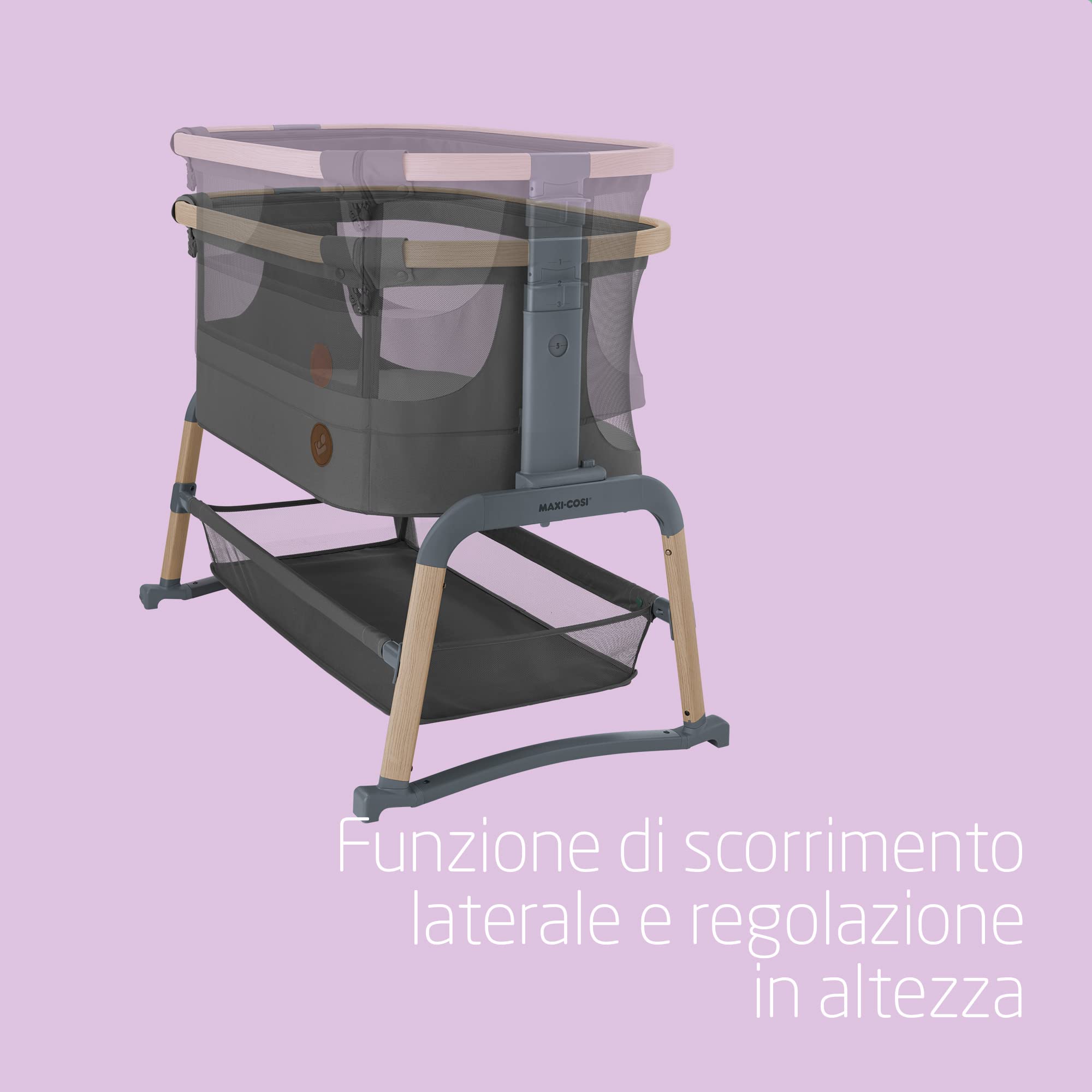 Maxi-Cosi Iora Air Lettino neonato, co-sleeping con materasso imbottito, funzione dondolo, regolabile in altezza, reclinabile,tessuti riciclati ecologici e traspiranti, 0-9 kg, Beyond Graphite