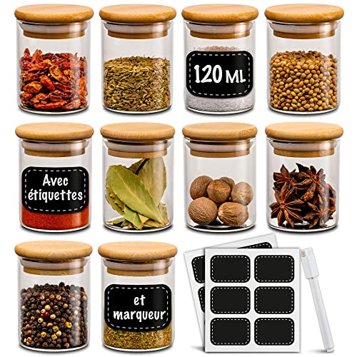 Praknu Pots à Épices Rangement - 10 x 120 ml Pots à Épices en Verre avec Couvercles - Rangement Épices Cuisine - Hermétique - avec Étiquettes - Lavable...