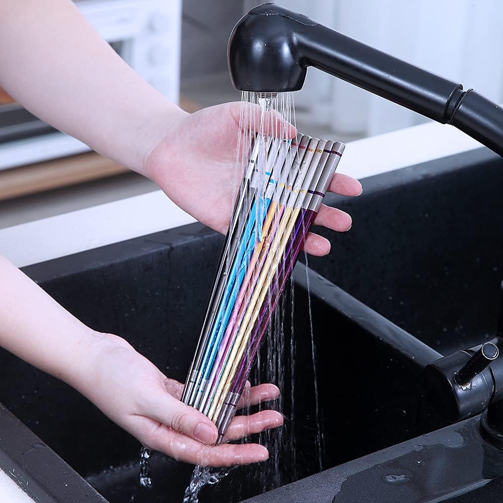304 Stainless Steel Chopsticks Reusable Dishwasher Safe, 5 Pairs 9 Inches Metal Chopsticks Set Multicolor, Titanium Plated Chopsticks