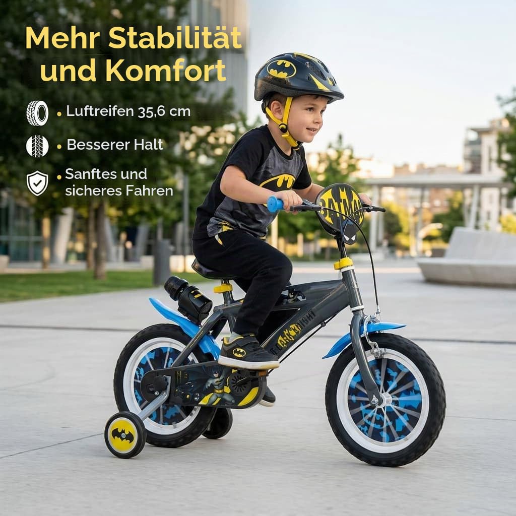 Toimsa Kinderfahrrad Batman 14 Zoll Schwarz/Blau/Gelb | Felgenbremse Trommelbremse Stützräder Speichenschutz Trinkflasche | Alter 4-6 Jahre