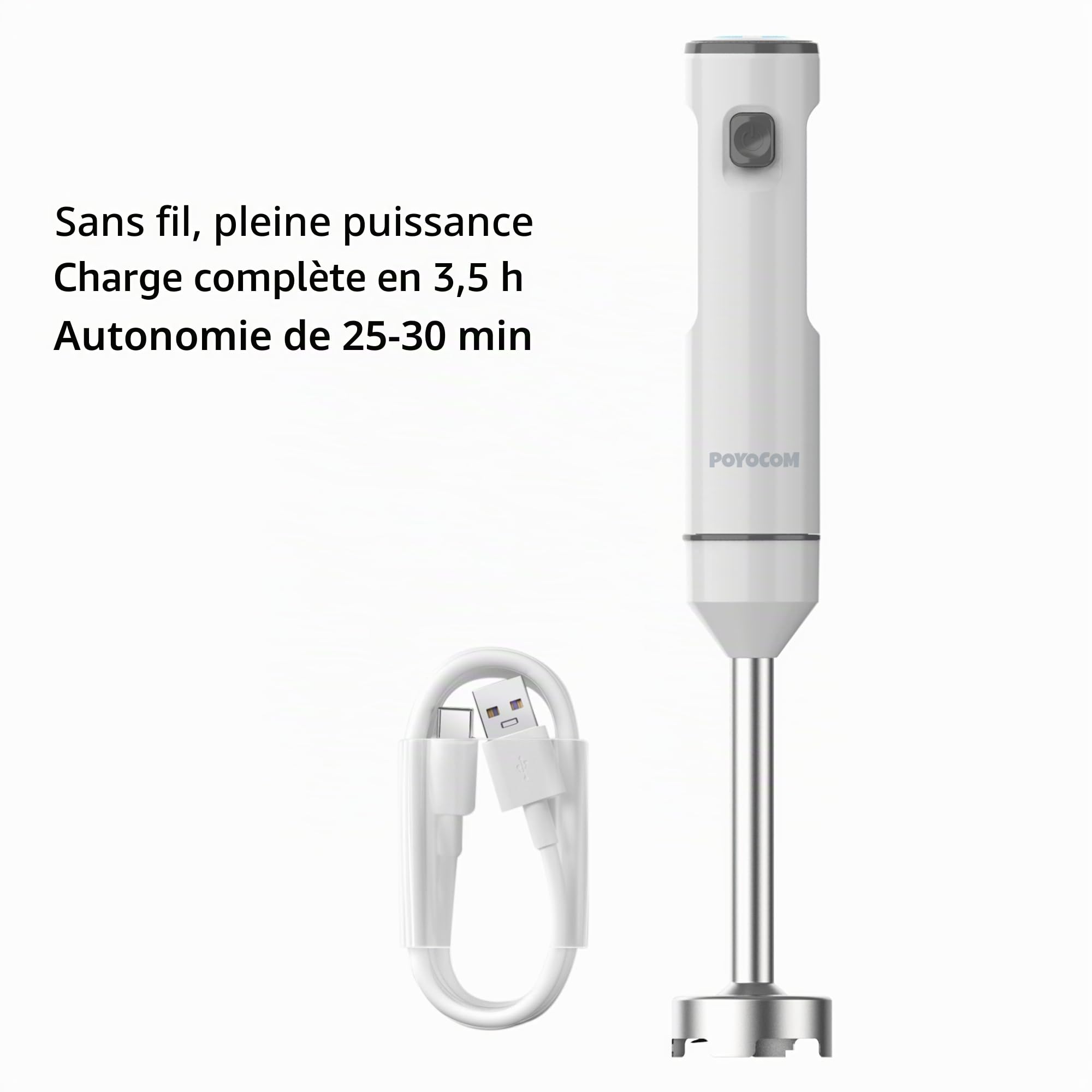 Mixeur plongeant sans fil, mixeur à immersion rechargeable, avec câble de type C, fouet à œufs, hachoir de 500 ml, récipient de 600 ml pour smoothies, milkshakes, sauces et soupes – Blanc