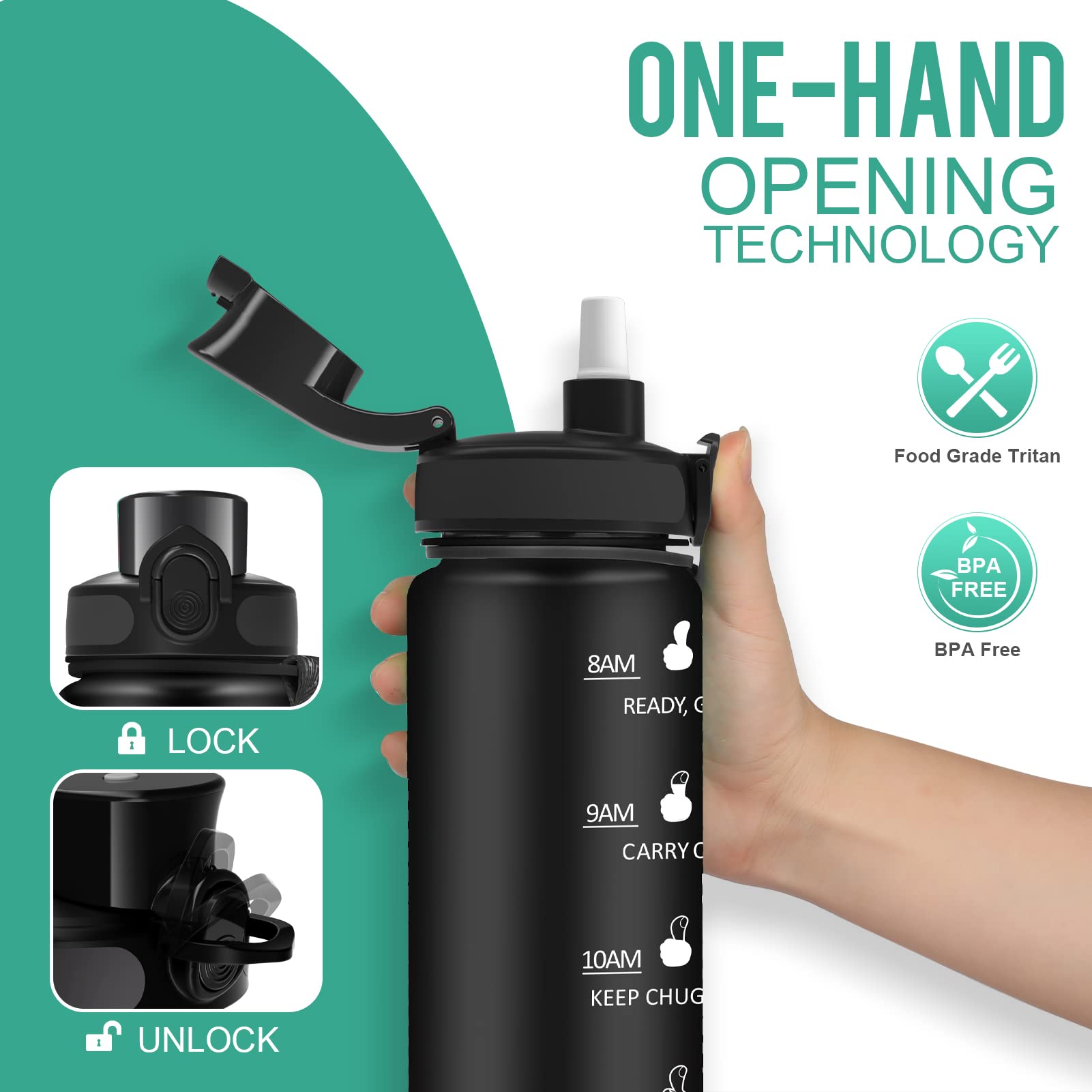 MYFOREST Sports Water Bottle Liter, Large Spout for Large Sip/Removable Straw for Small Sip, Time Marker for Motivational Hydration, BPA Free