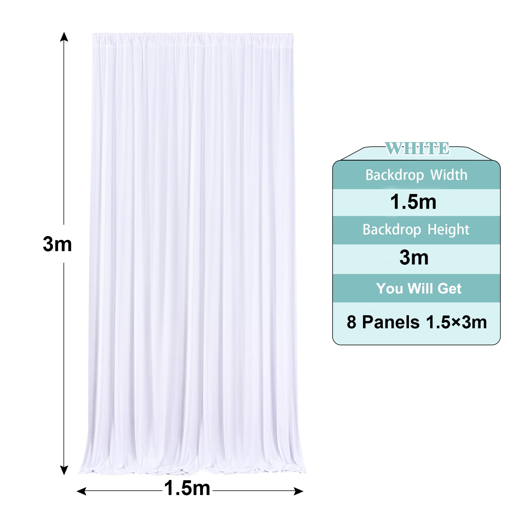 3×3 m Blanc Rideau de Fond pour Mariage, 2 Panneaux 1,5×3m Soie sans Plis Polyester Blanc pour Photo de Mariage, Photographie, Fête d'Anniversaire, Baby Shower, Décoration de Scène, Arrière-Plans