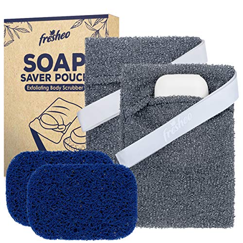 Soap Saver Pouch | Exfoliating Sponge Soap Pocket Body Exfoliation for Bath or Shower | Body Scrubber for Bar Soap or Soap Bits | 2 Soap Bag + 2 Piece Soap Saver Pads + 2 Hooks