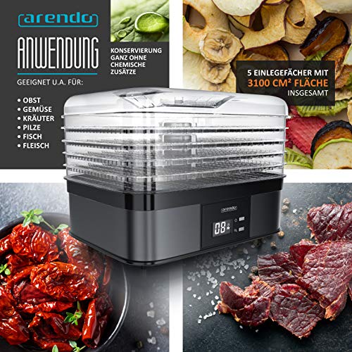 Foto von Arendo - Dörrautomat mit Temperaturregler 350 Watt - Edelstahl Dörrgerät für Lebensmittel Fleisch Früchte Gemüse - 40-70 Grad - 5 Einlegefächer - GS zertifiziert - Dehydrator - BPA frei