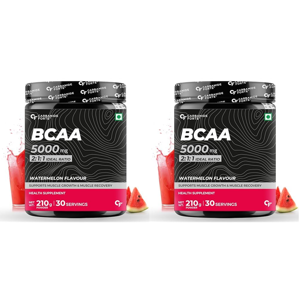 Carbamide Forte BCAA 5000mg Supplement for Men & Women 7g Serving with Ideal 2:1:1 Ratio | BCAA Powder for Muscle Growth & Muscle Recovery - Masala Watermelon Flavour - 210g (Pack of 2)