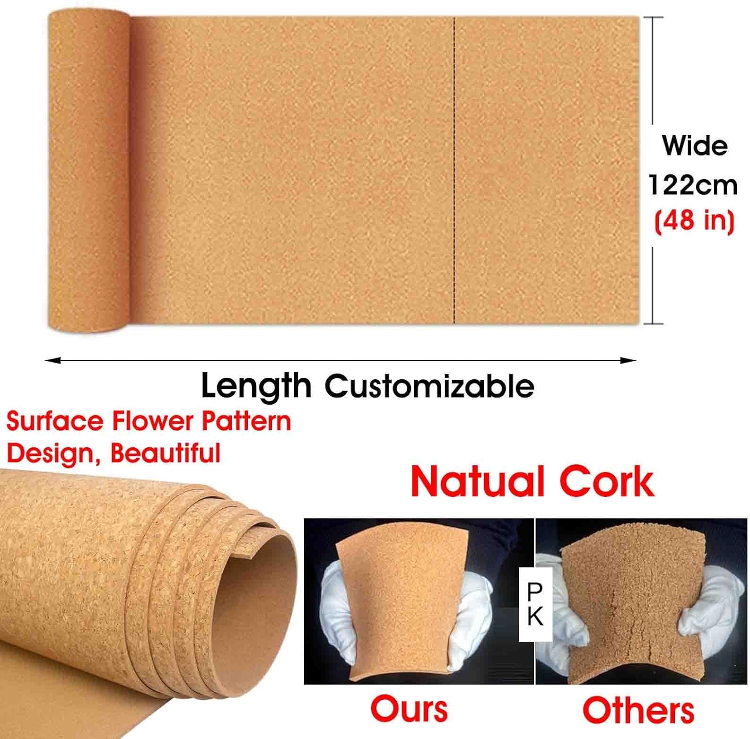 ZAQYCM 8/10 MM Thick Roll Corkboard for Wall & Floor, Home Office Desk Studio Decorative Cork Panel for Display Photos Recipes Pictures Crafts with 100 Pins(8mm(1/3 in),4x3.3ft/1.22x1m)
