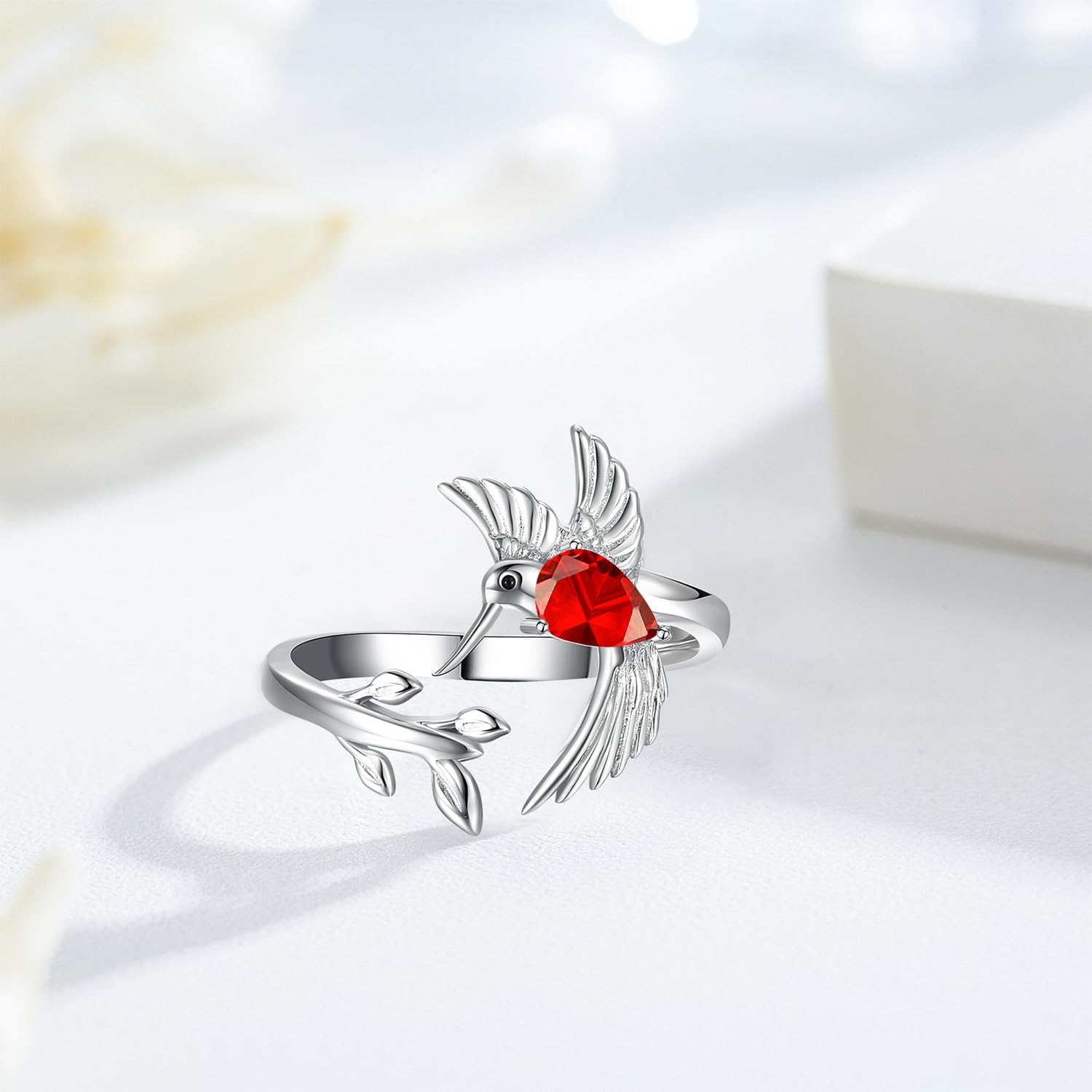 Midir&Etain Hummingbird Leaf Ring for Women Birthstone Ring Open Adjustable Jewelry Sterling Silver Birthday Gifts