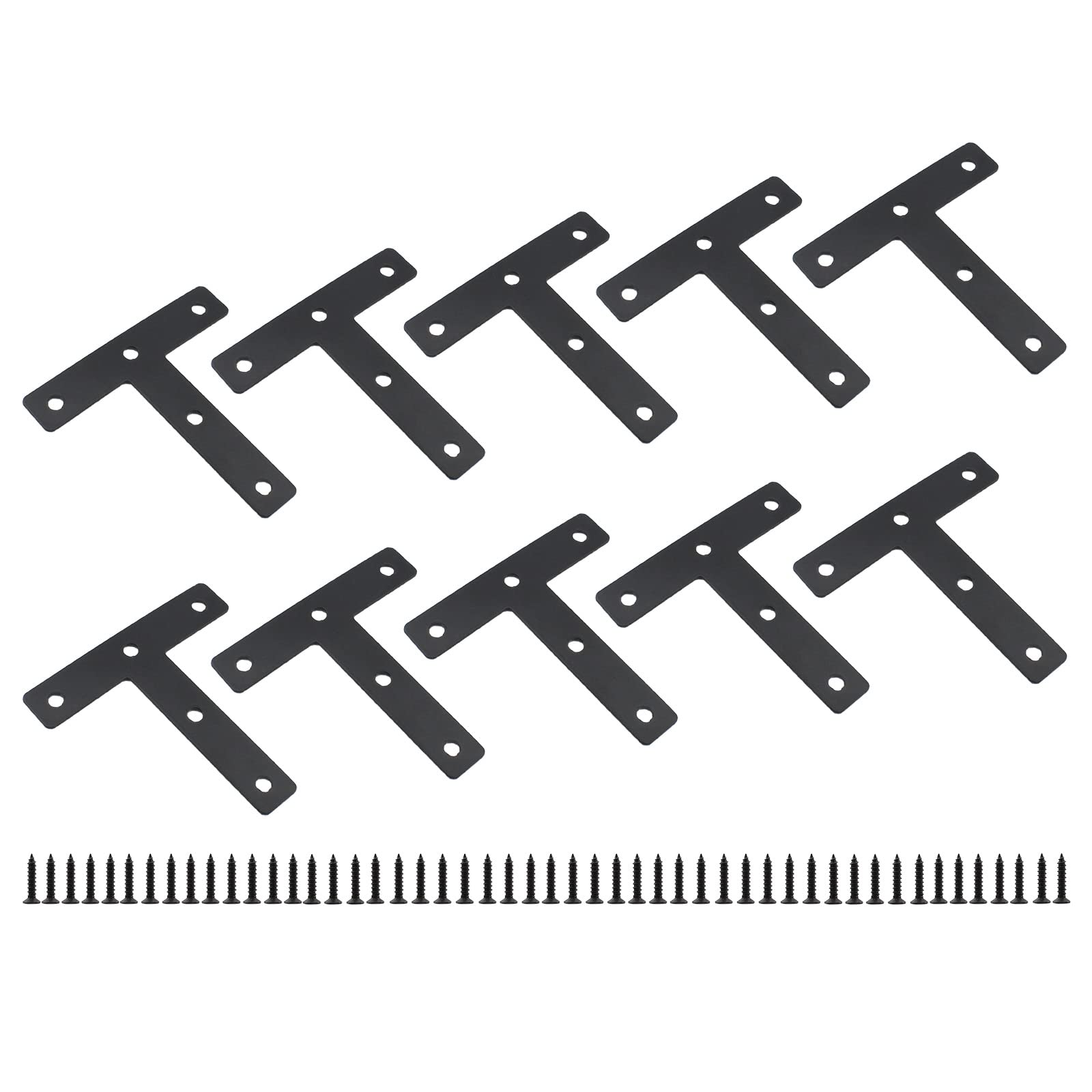 10 PCS Flat T Shape Repair Mending Plate, ULIFESTAR Heavy Duty Corner Bracket Furniture Support Brace Black Joining Bracket Fastener Connector with Mounting Screws (80x80x15mm/3.1x3.1x0.6'')