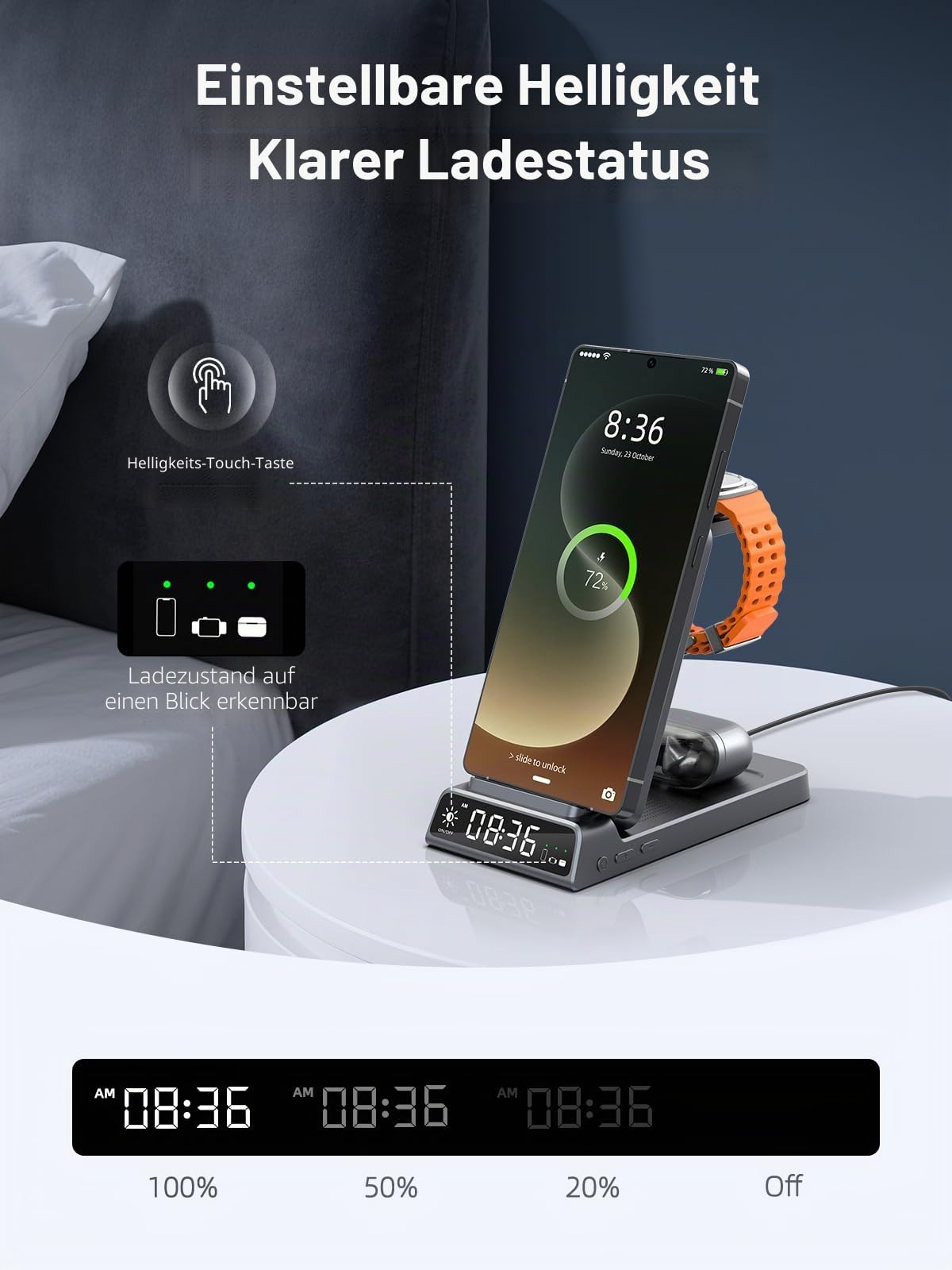 3 in 1 Drahtloses Ladegerät für Samsung Ladestation mit Uhr, Faltbare, Grau