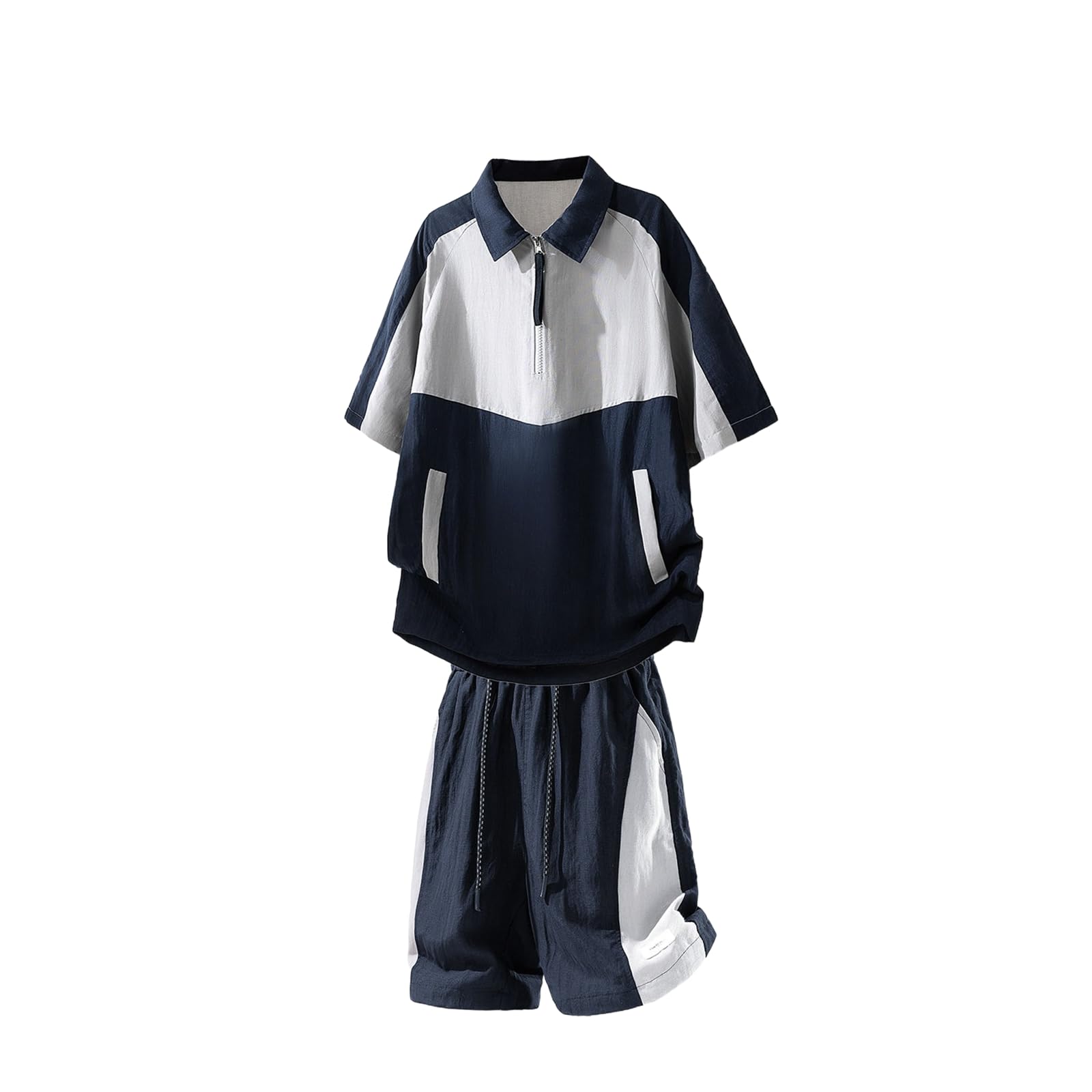Conjunto Parche Bloque Color Joven Cremallera Media Camiseta Shorts Casual Diario-Black-L
