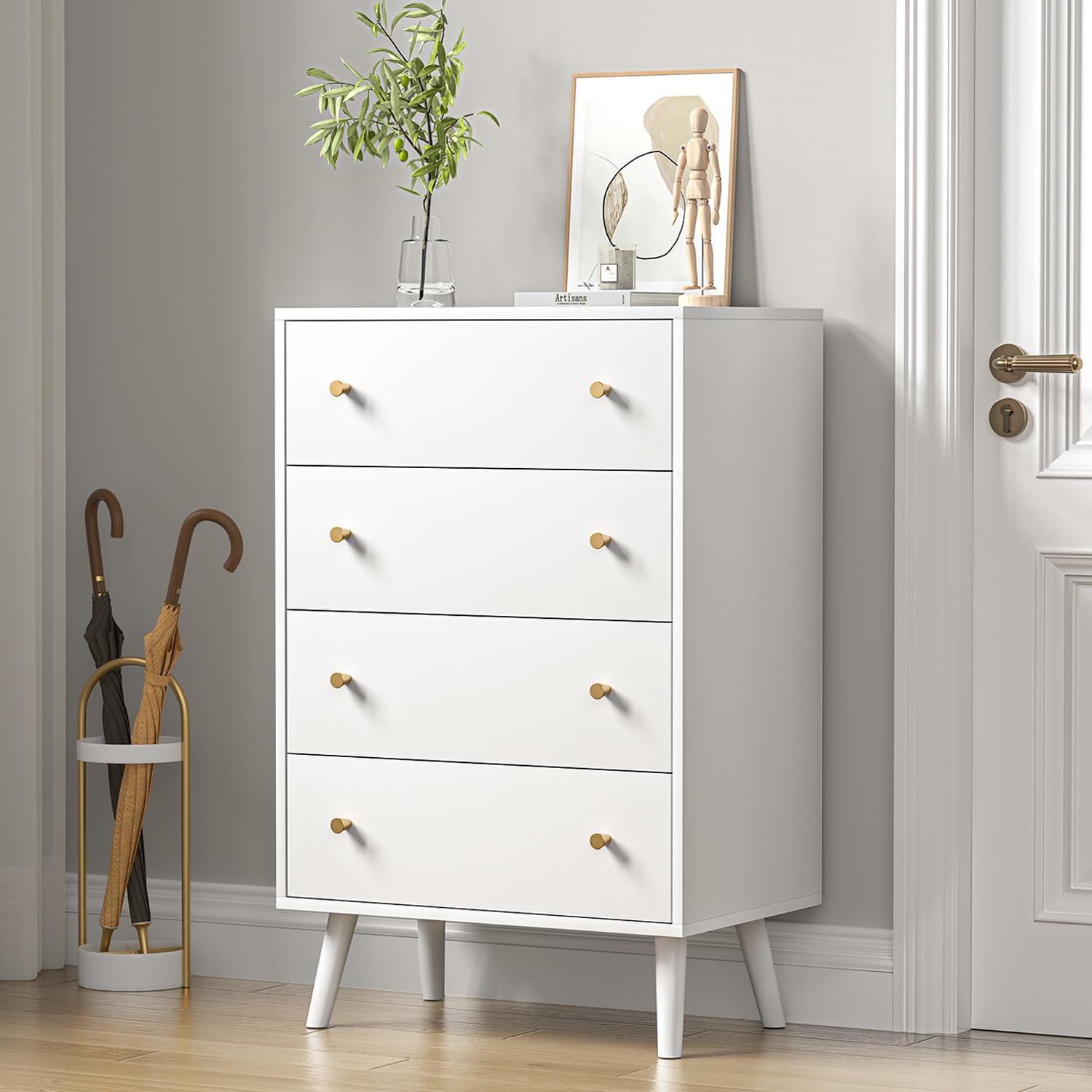 HOUROM White Dresser, Modern Tall 4 Drawer Dressers, Wood Chest of Drawers for Living Room, Hallway, Entryway, Home Office