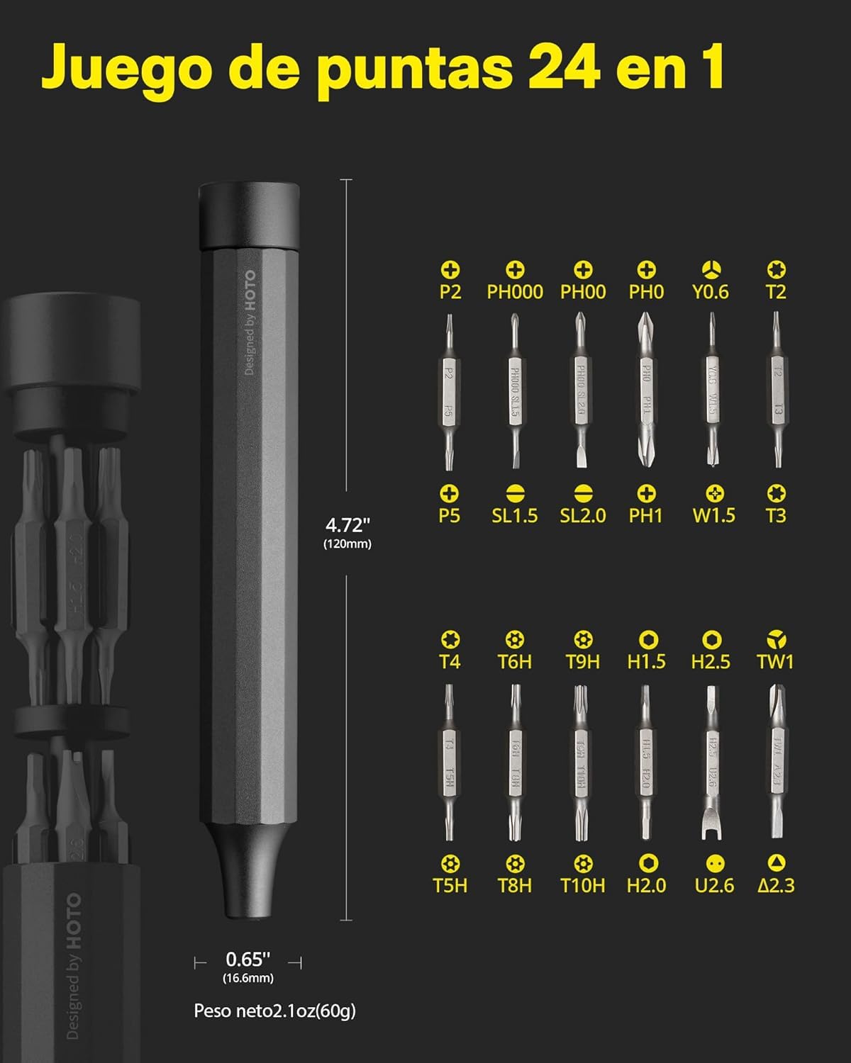 HOTO Juego de Destornilladores de Precisión 24 en 1, Kit de Herramientas Mini con 24 Puntas de Acero S2, Forma de Bolígrafo Manual, Ideal para Electrónica, Anteojos y Pulseras, Gris Pizarra，Regalos