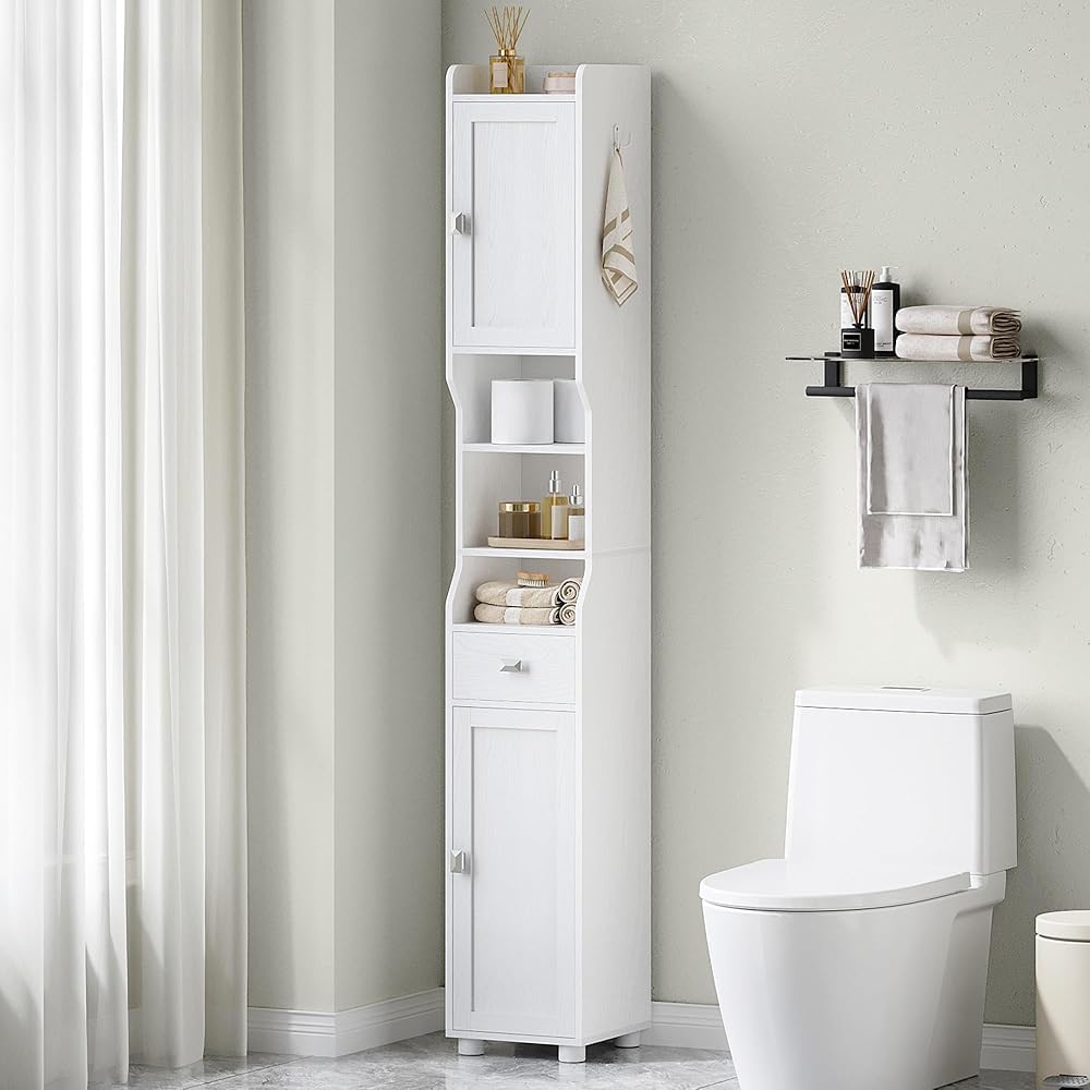 HEXCELEN Mobile da Bagno, Mobile da Bagnos Alto con 2 Ante e 1 Cassetto, Ripiano Regolabile, Scomparti Aperti, Mobiletto Bagnos Salvaspazio, per Bagno Soggiorno Camera da Letto 28 x 28 x 180 cm Bianco