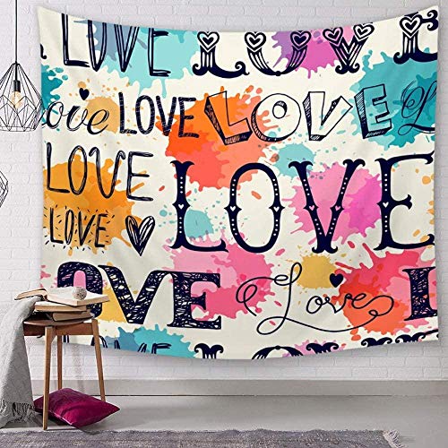 Yijiujiu Tapiz Acuarela Amor Corazón Hippie Bohemio Dibujos Animados Espiritual Impresión Moderna Tela de Gran tamaño Arte Decorativo Tela para Sala de Estar Dormitorio 150 × 130 Cm
