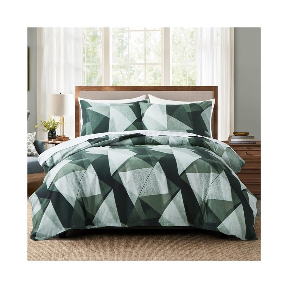 VHKJewE Green White Abstract Triangle Print Soft Lightweight 2/3-Piece Set with Duvet Cover and Pillow Shams Bedding Set(US King(264x229cm))