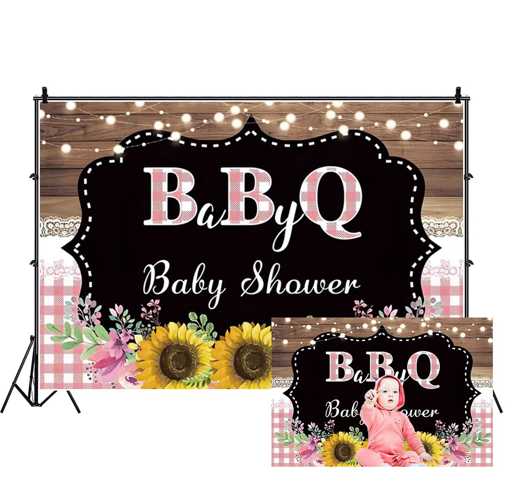DORCEV 7x5ft BabyQ Baby Shower Banner Backdrop He Or She Boy Or Girl Gender Reveal Photo Background Glitter Wooden Planks Floral Sunflowers Barbecue