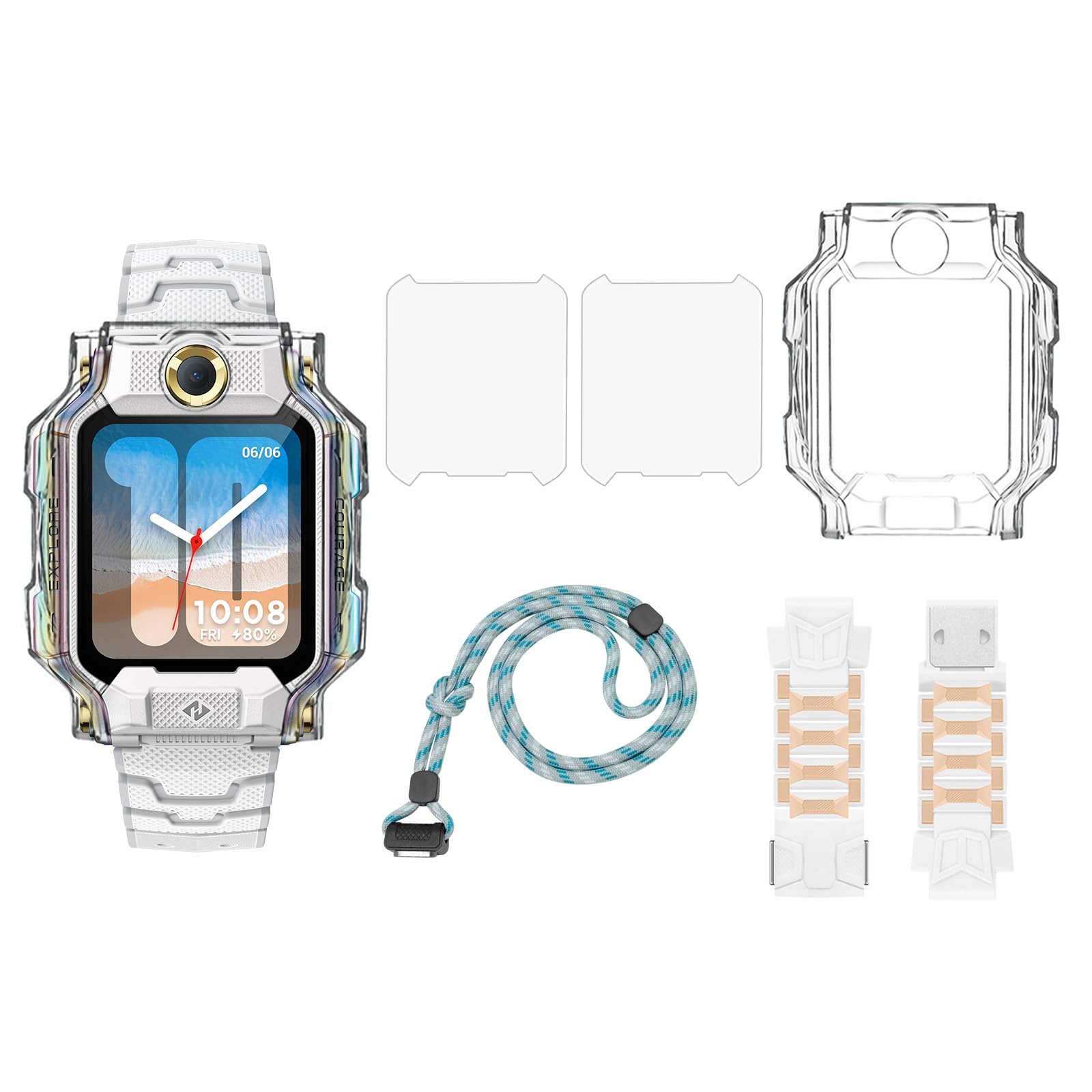 Etui ochronne i ochrona ekranu do imoo Watch Phone X10, zestaw 4w1 kompatybilny, etui ochronne i ochrona ekranu & silikonowy pasek & smycz, chroni kombinowany zestaw do zegarka (X10-Biały)