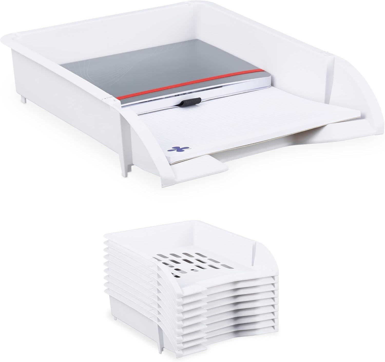 relaxdays Set de Diez bandejas para Documentos, Apilable, Organizador para Escritorio, Plástico, Blanco, 7 x 25 x 34 cm