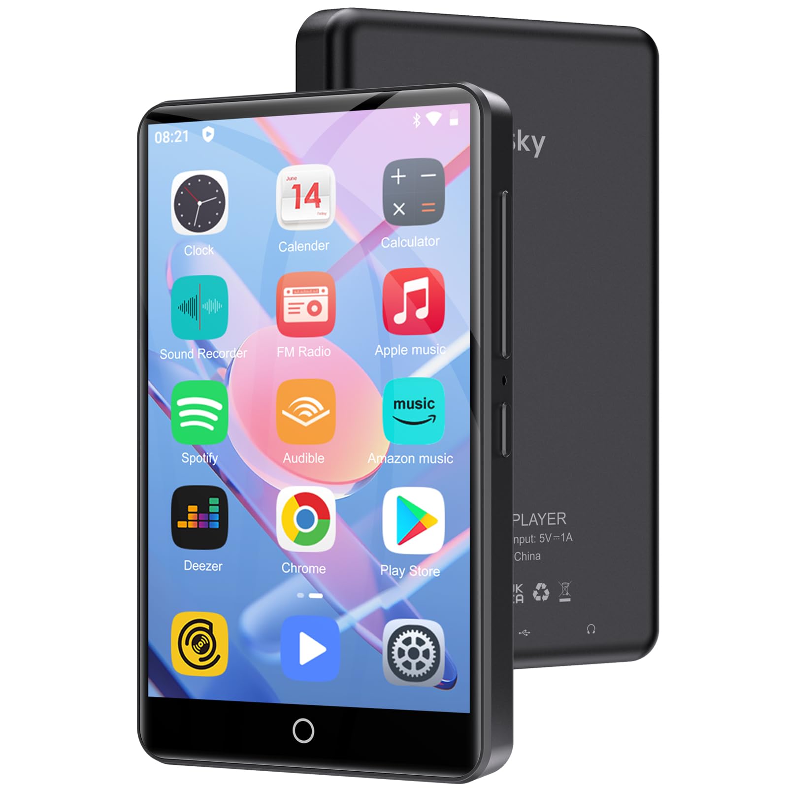 Oilsky 80 GB MP3-speler met Bluetooth en WiFi, Mp3 & Mp4 muziekspeler met Spotify, Music, Deezer, Audible, Browser, 4 inch IPS-touchscreen, Android-speler met luidspreker, FM-radio, tot 512 GB