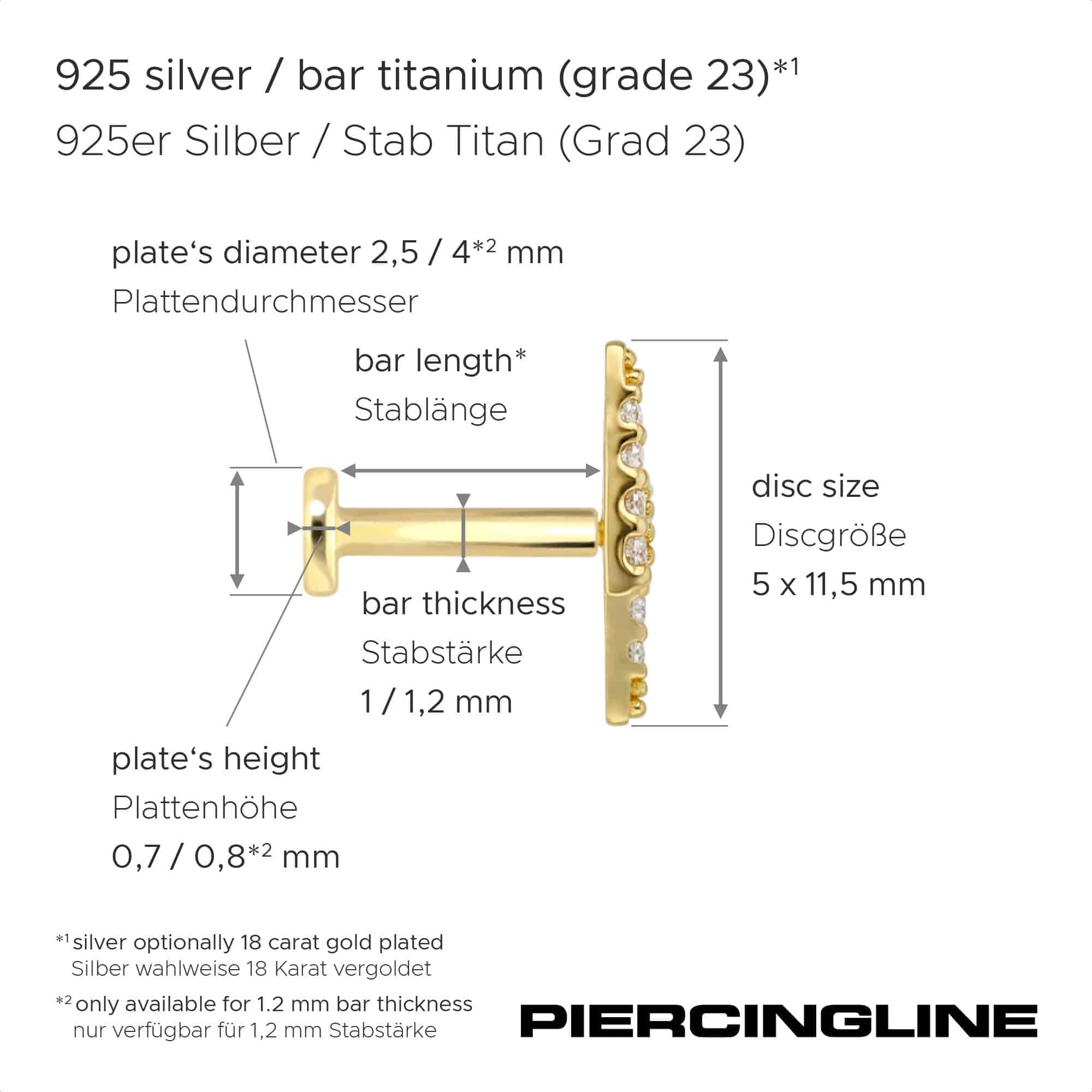 PIERCINGLINE Piercing Stecker Titan Labret mit Innengewinde + 925er Silber Aufsatz MOISSANIT-BLITZ - Goldfarben, Silberfarben