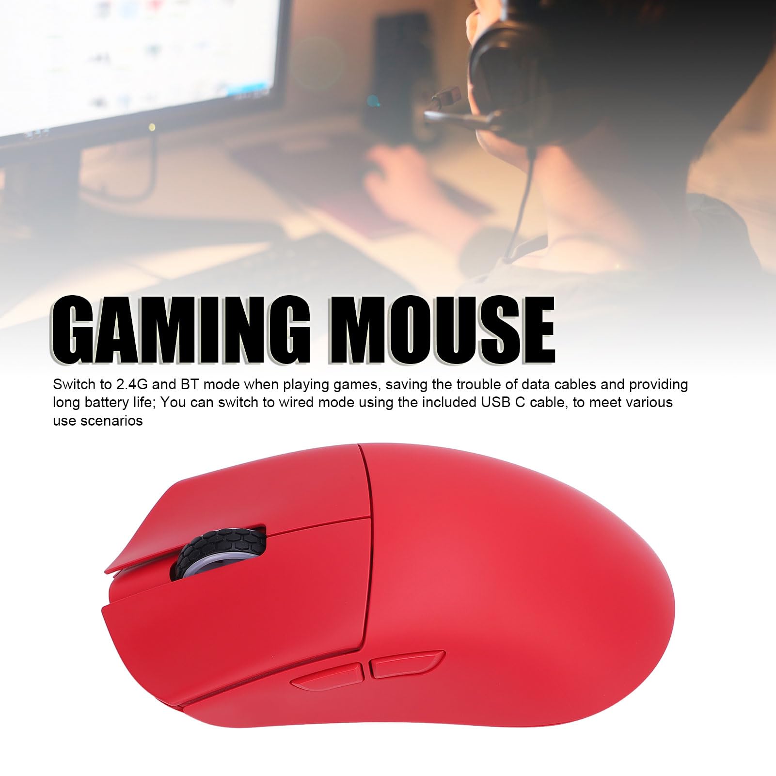 Ratón para Juegos 30000DPI Modo Dual con Cable Inalámbrico Ergonómico para Jugadores de PC Diseño Liviano de 55 G (Rojo)