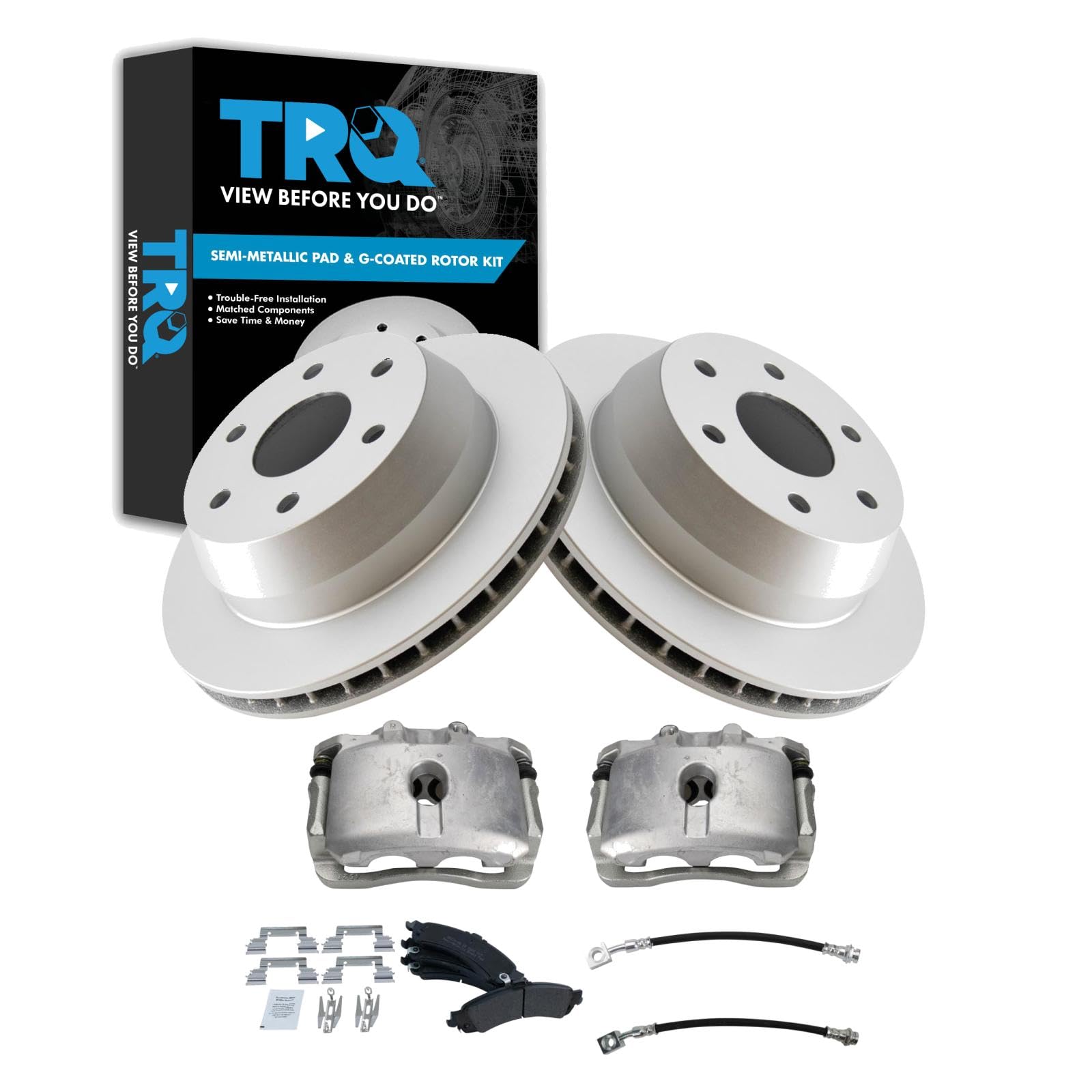 TRQ Rear Brake Pad and Rotor Set Semi Metallic Coated Rotors Calipers Compatible with 2005-2006 Cadillac Escalade 2002 GMC Yukon