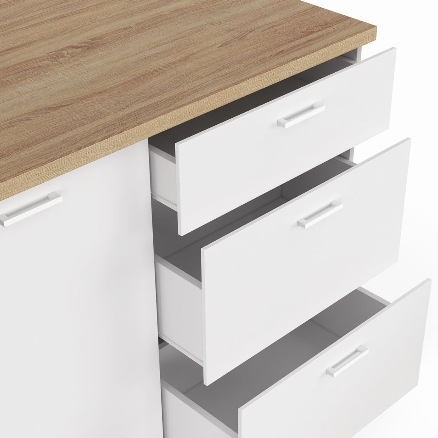 IDMarket - Ilot Central TIBO 110 cm casserolier 3 tiroirs Bois Blanc avec Plan de Travail façon hêtre