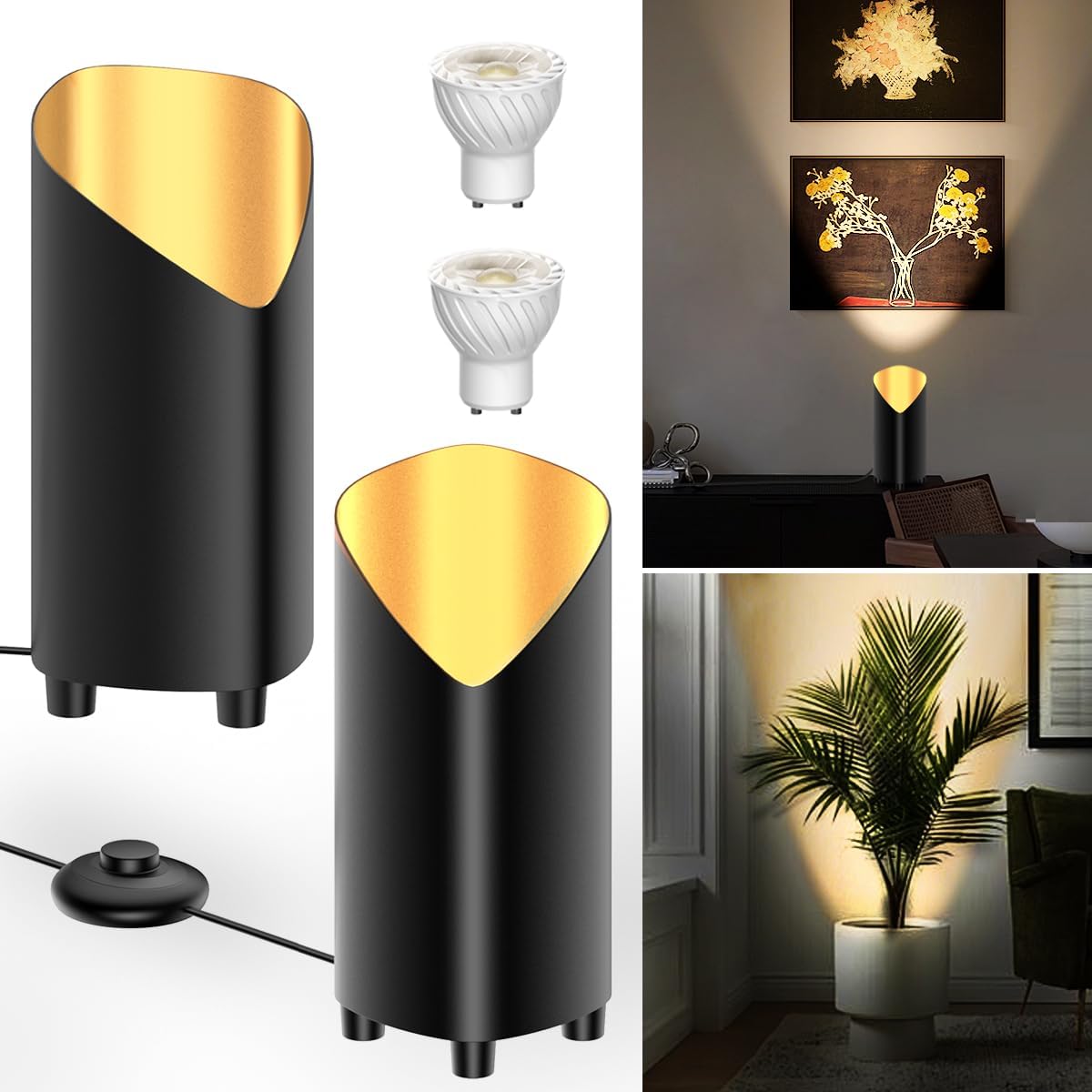 2Pack Floor Can Lights Indoor,LED Uplighting Indoor with 3000K GU10 Bulb,9W Spotlights Accent Lighting for Corner Plants Artwork,Up Light Decor with UL Listed 5.9FT Plug Cord & Foot Switch 2PACK Black