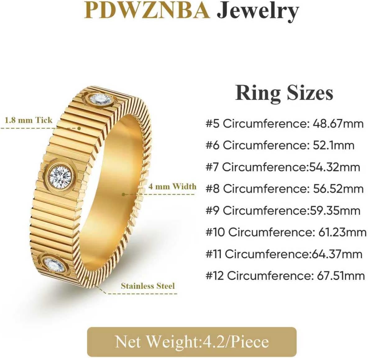 PDWZNBA Linear Stripe Textured Ring | 14K Gold-Plated Stainless Steel Promise & Friendship Ring, Wedding Band, Birthday Gifts for Women - Image 5