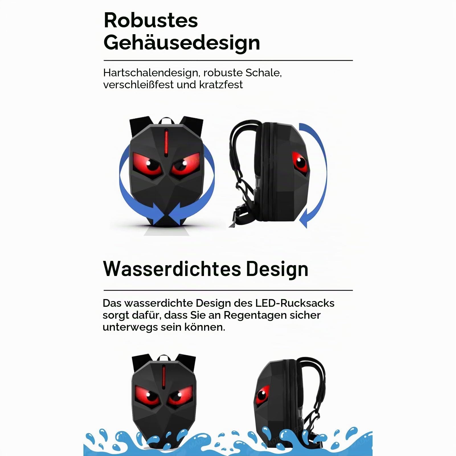 Fafeicy LED-Rucksack, 19,5-Zoll-Hartschalen-Motorradrucksack mit Programmierbarem Bildschirm für -Textanimationen, Wasserdichte Laptoptasche mit Großer Kapazität Zum Reiten, Radfahren,