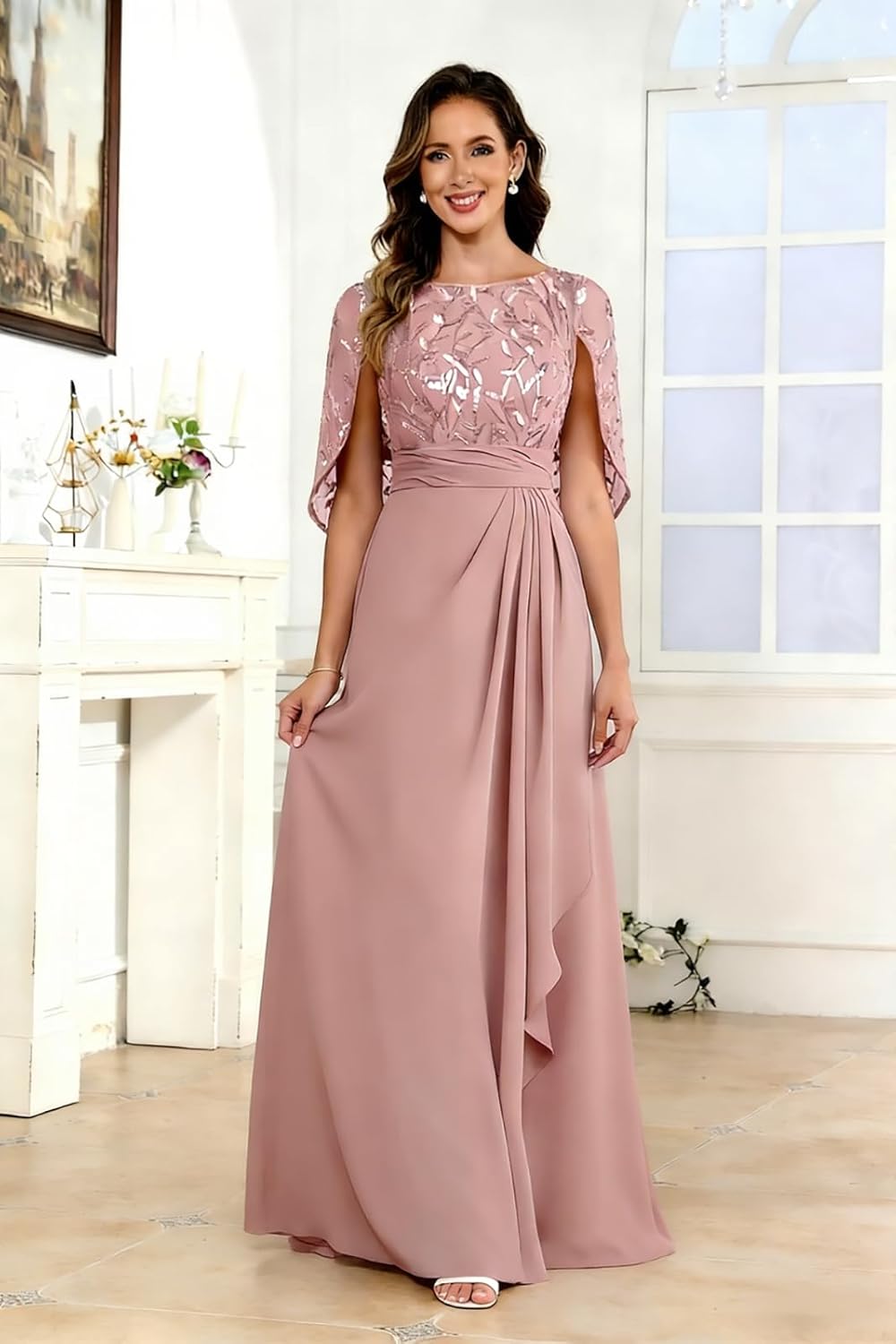 Sequin Embroidery Mother of The Bride Dresses Cap Sleeve Boat Neck A-line Long Evening Formal Dress for Women - Image 7