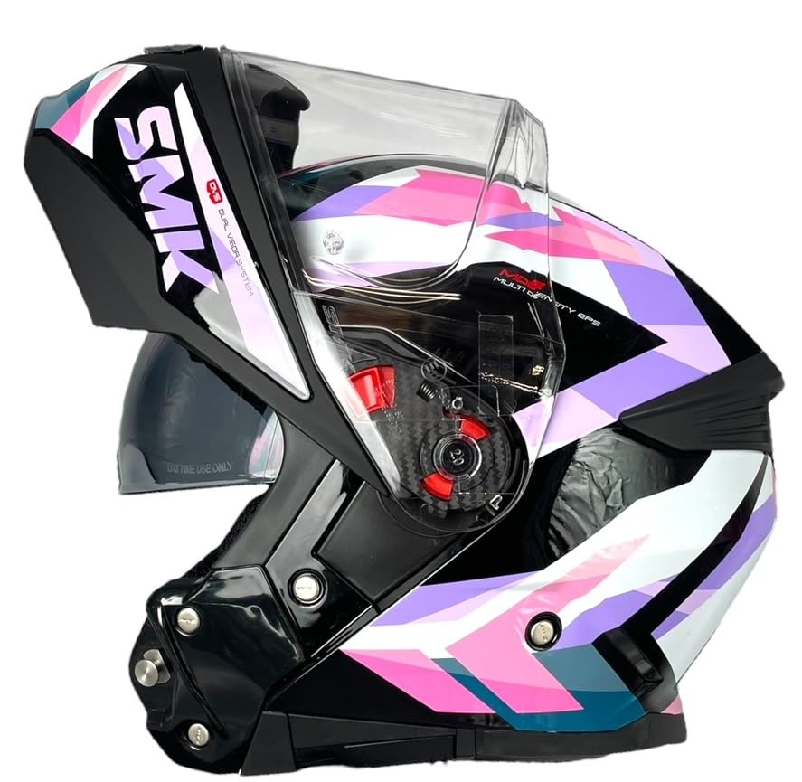 SMK Helmets Casco Modular GULLWING Charger Negro y Rosa Homologación 22.06 con Doble Visor P/J (XS 53/54)