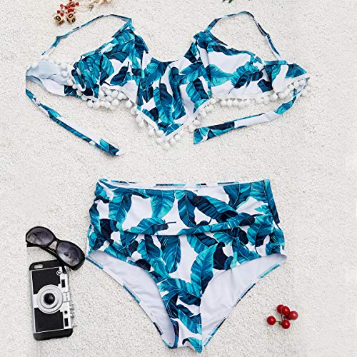 Biquíni feminino LIOOBO com Pompons de duas peças, cintura alta, costas nuas, tamanho G