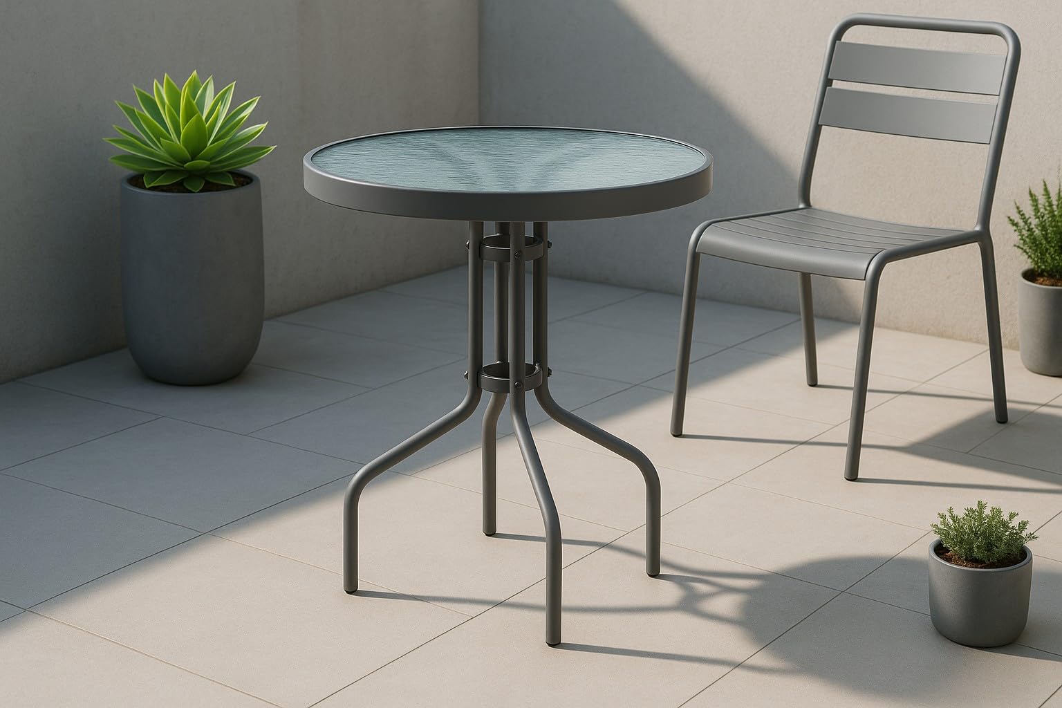 HERSIG - Mesa de Jardin Redonda de Acero y Vidrio Templado - Mesa Exterior Color Gris 60x70 CM - Mesas de Terraza y Jardín Redondas Resistentes - Mesas para Verano Exterior con Cristal Texturizado