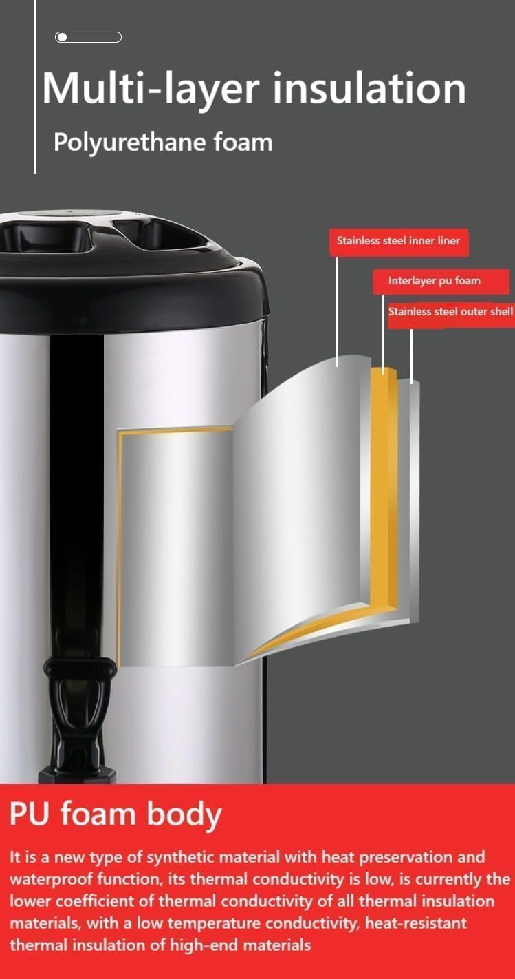 thermos, distributore di bevande in acciaio inossidabile con rubinetto, mantiene la temperatura (calda o fredda) fino a 10-12 ore, ideale per preparare tè, caffè e latte caldo, (Nero, 6L)