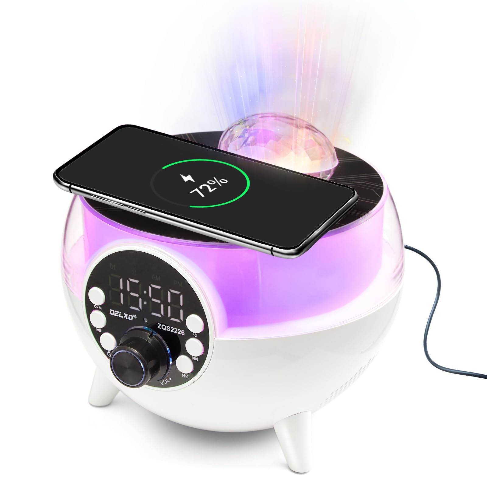 Delxo Altoparlante Bluetooth cielo stellato con ricarica wireless per telefono, altoparlanti super bassi, Bluetooth wireless con sveglia, radio FM, luce notturna regolabile, altoparlante portatile,