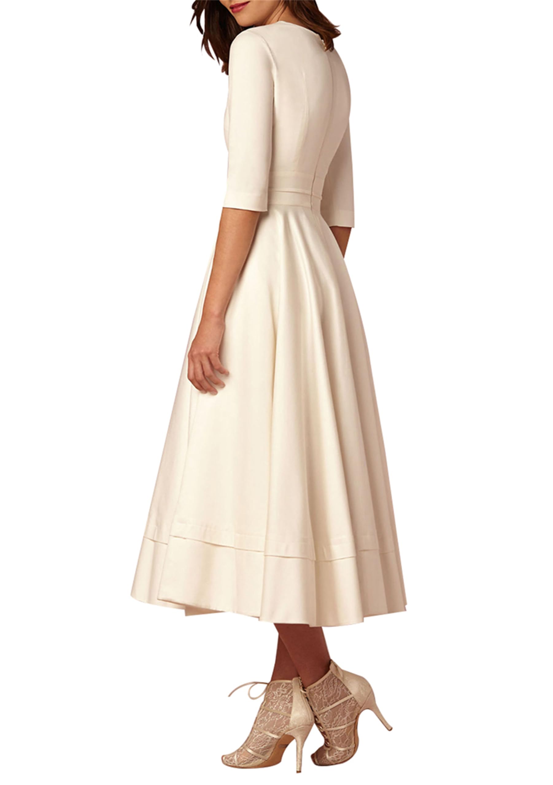 YMING Women 's Retro Deep V Neck Dress Elegant Swing Dress 3/4 Sleeve Light Dress Retro High Cintura Party Midi Pocket Dress