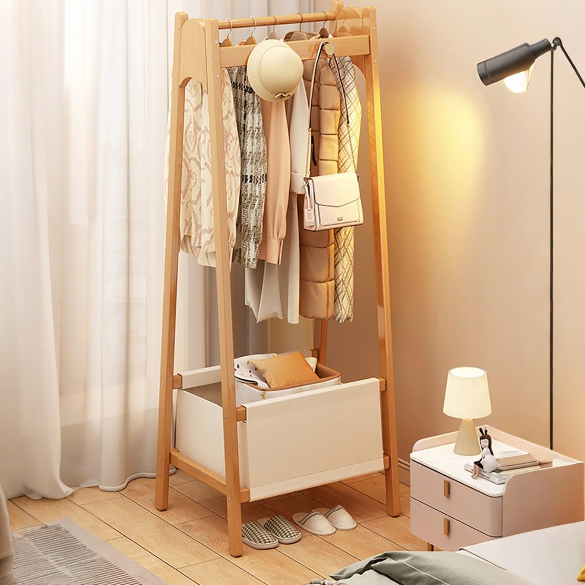 Natural Bamboo Coat Rack Stand Floor Standing Cloak Rack Simple Modern Clothes Rack Storage Basket Shelf Hanging Rail with Hooks for Hallway Entryway Bedroom Bathroom Office