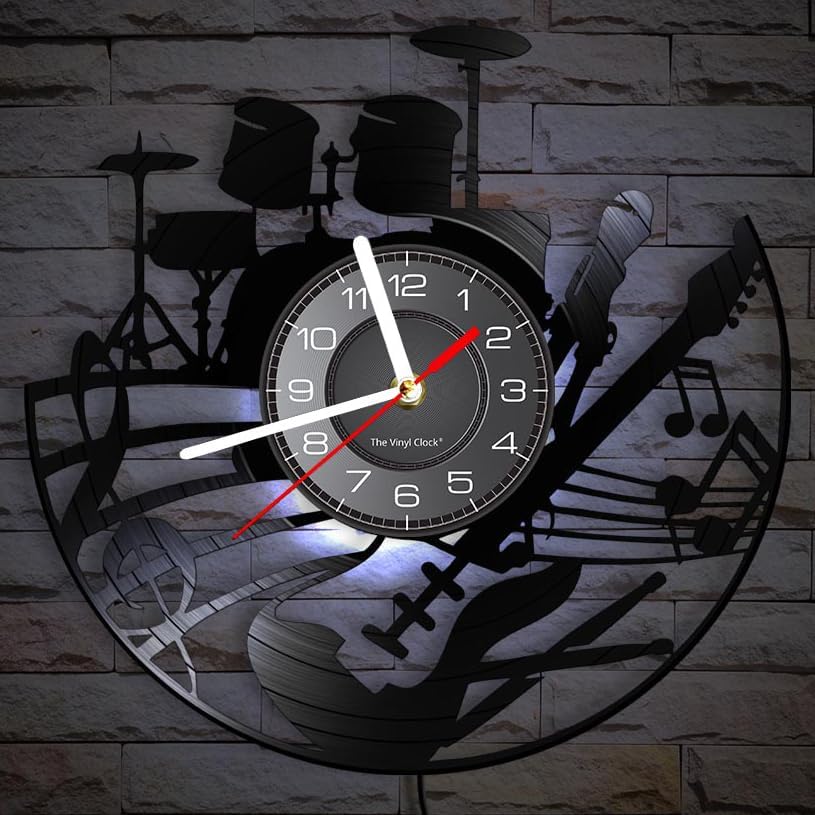 Miniatura 5 de Kit de guitarra y batería de 12 pulgadas, reloj de pared con disco de vinilo LED, 7 colores cambiantes, sin tictac, instrumento moderno Rock N Roll,