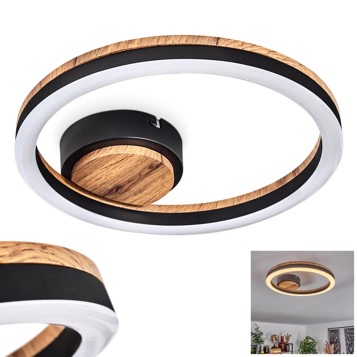 Hofstein Light/Black/White Cascada Led Ceiling Modern Ceiling Lamp Made Of Metal/Mdf/Plastic In /Wood Look/, (Ø 30 Cm), 12 Watts, 1350 Lumens, 3000 Kelvin