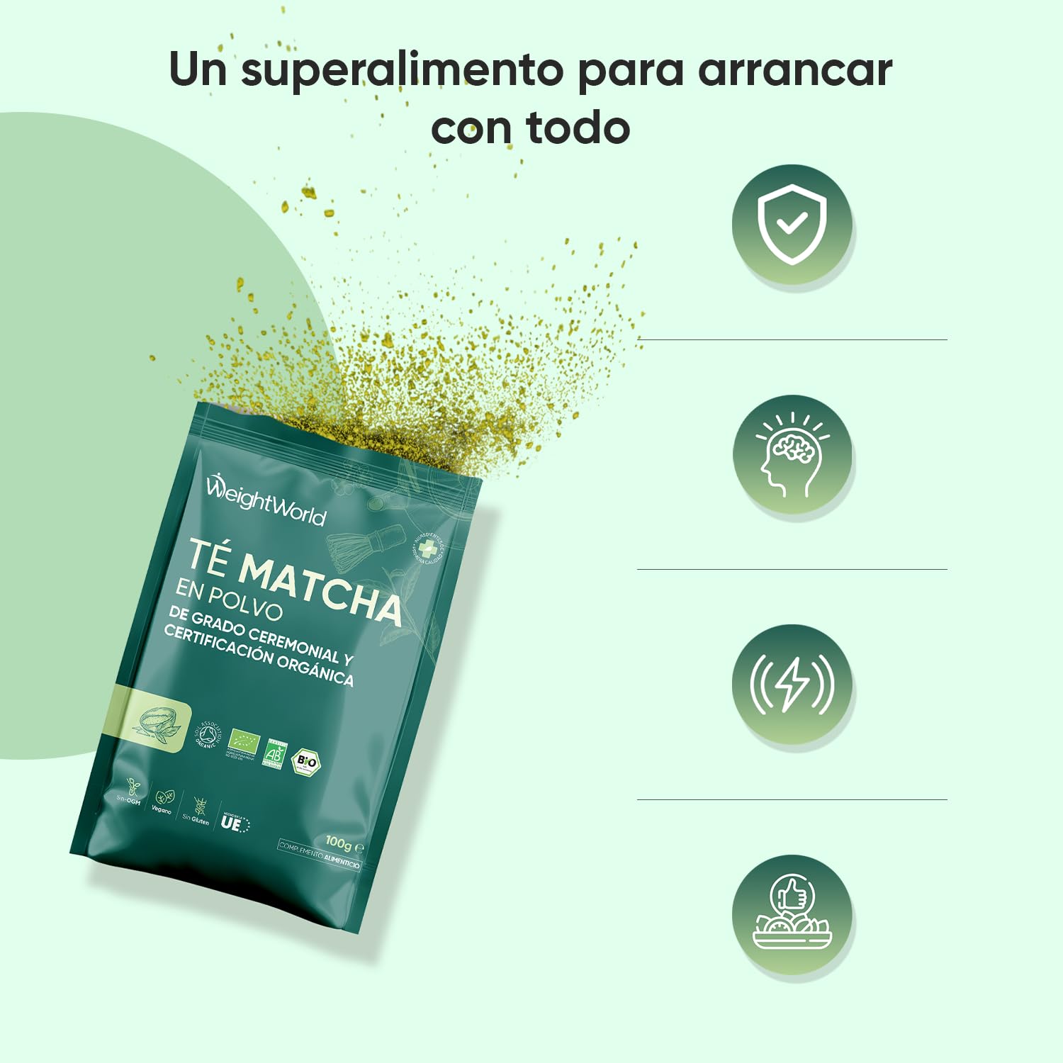 Té Matcha en Polvo Con Certificación Orgánica 100g - Polvo de Té Verde Natural de Grado Ceremonial para Bebidas como Matcha Latte, Postres o Batidos - Apto para Veganos y Sin Gluten