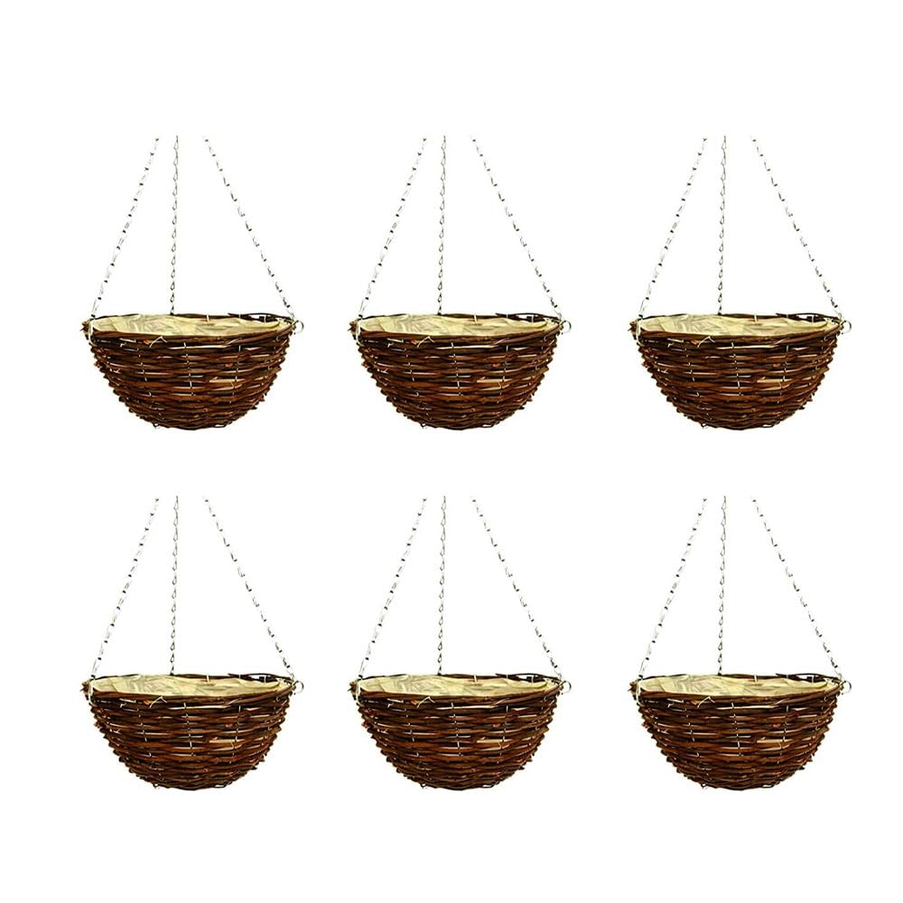 Shopior Pack 6 Wicker Hanging Basket – Natural Rattan Willow Hanging Flower Pots With Polythene Liner & Sturdy Metal Chain – Large Decorative Planters For Indoor & Outdoor (Hanging Basket 36Cm, 14Inch X 6Pack)