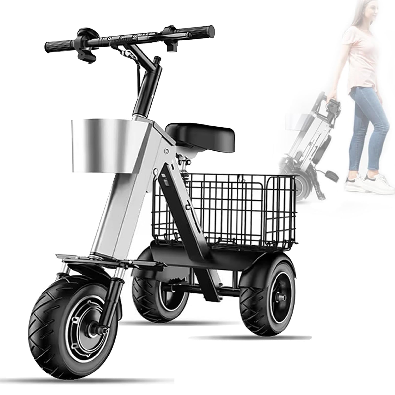 Scooter Movilidad Reducida, Patinete Electrico Adultos Con Asiento Con Batería Extraíble, Con Marcha Atrás Y Llave De Contacto, Autonomía De 30 A 50 Km/h, Velocidad Ajustable(With Two Baskets)