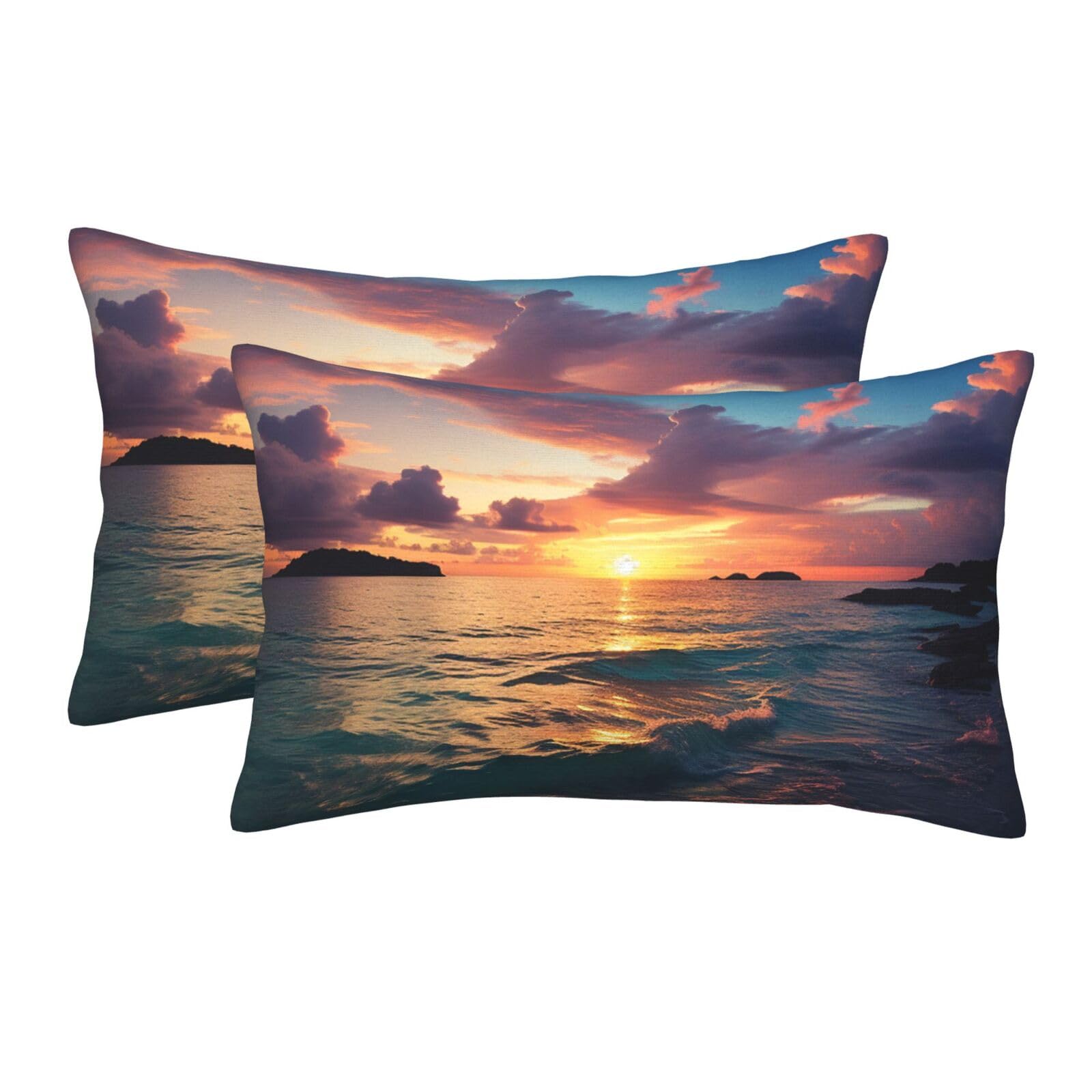 2 Pack Pillow Cases with Hidden Zipper, Soft Breathable Pillow Covers for Hair and Skin, Ocean and Sunset Pillowcases 16"x24" Bed Pillow Protectors Cover for Sleeping Gifts